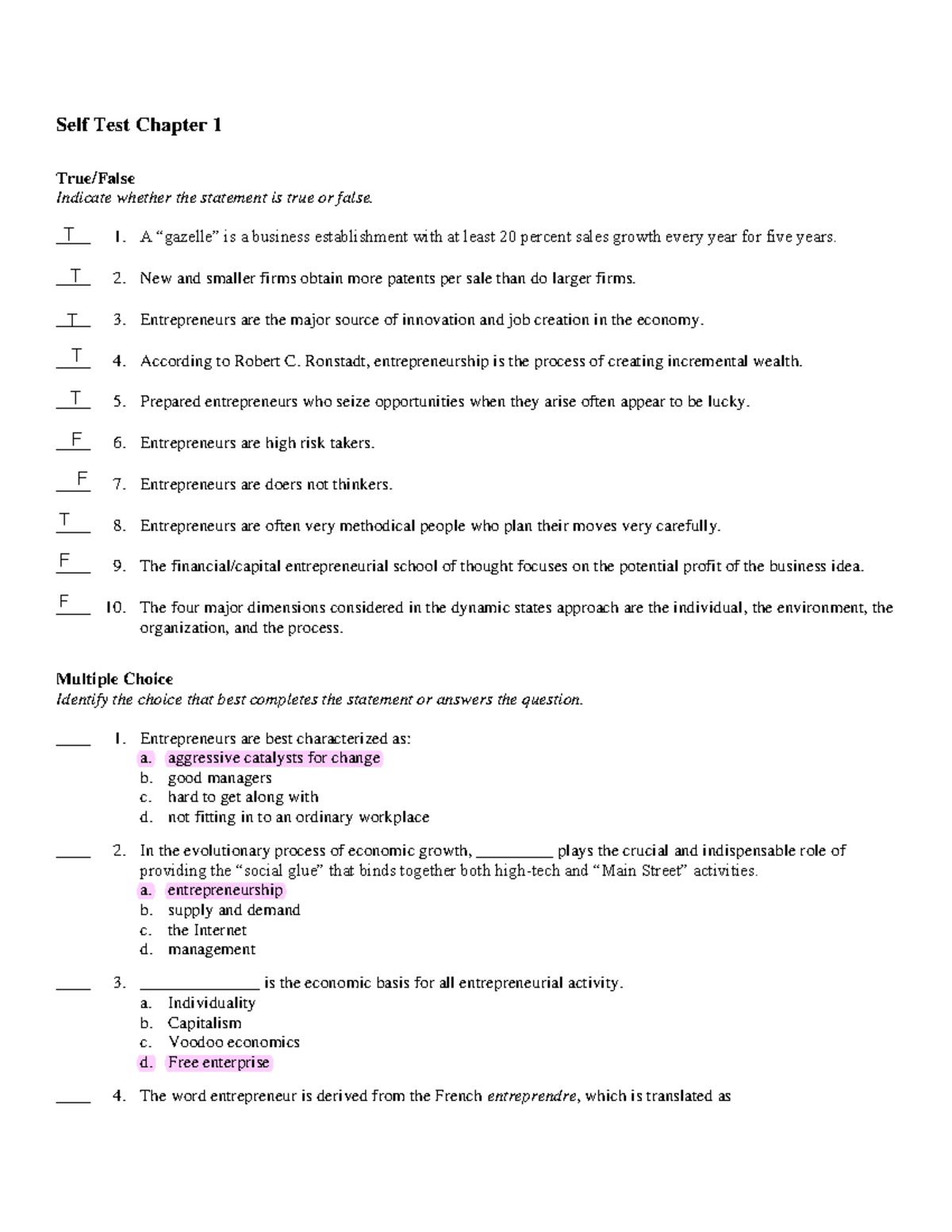 Self Test Chapter 1 - Bus3500 - Self Test Chapter 1 True/False Indicate ...