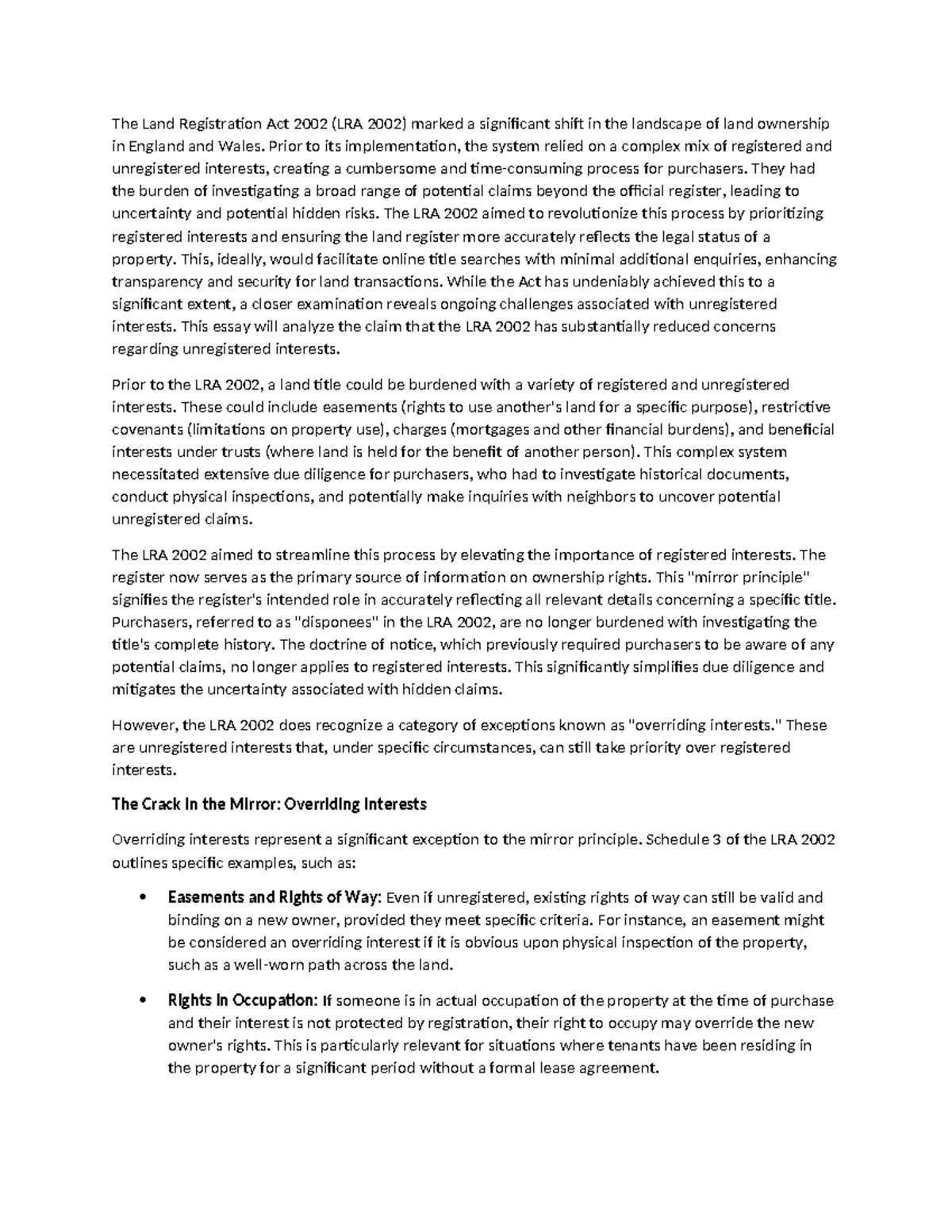 Registered essay The Land Registration Act 2002 (LRA 2002) marked a