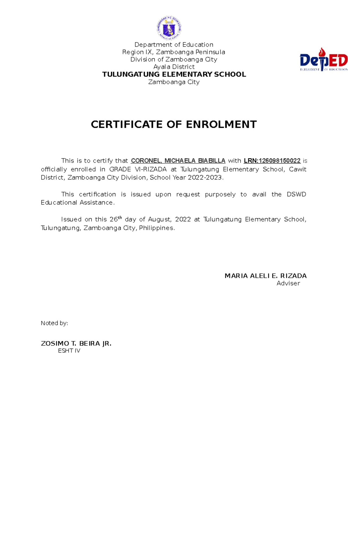 CERT Sample Certificate For Enrolment Department Of Education 