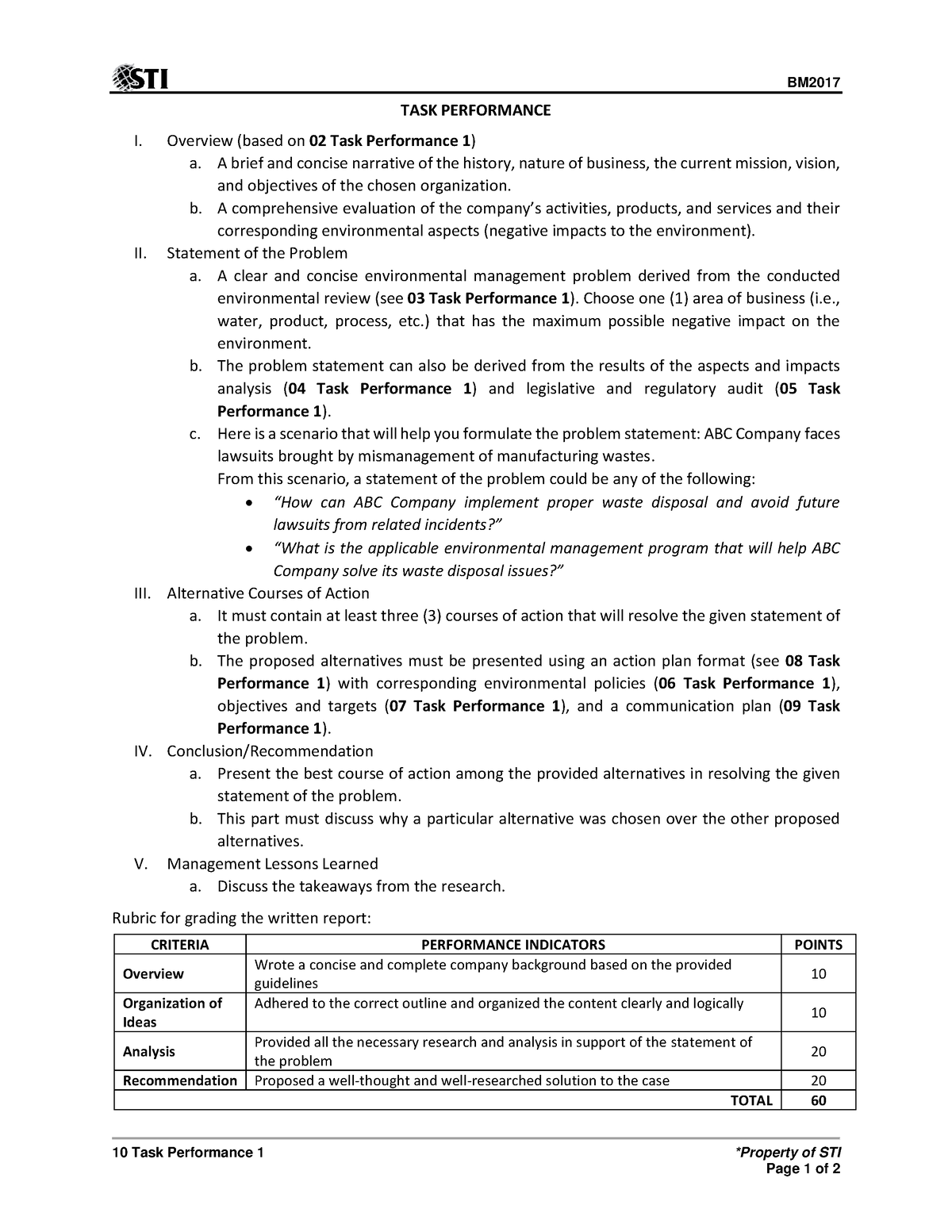 10 Task Performance 1 - BM 10 Task Performance 1 *Property of STI Page ...