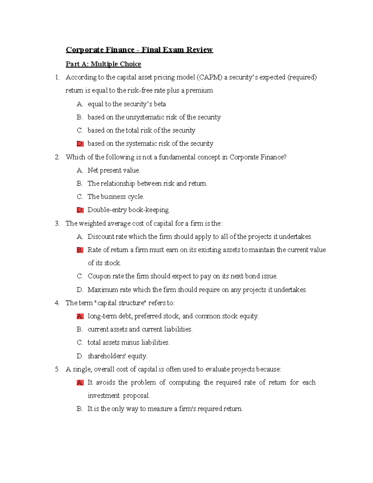 20.1A Question Corporate Finance Final Exam Review Corporate