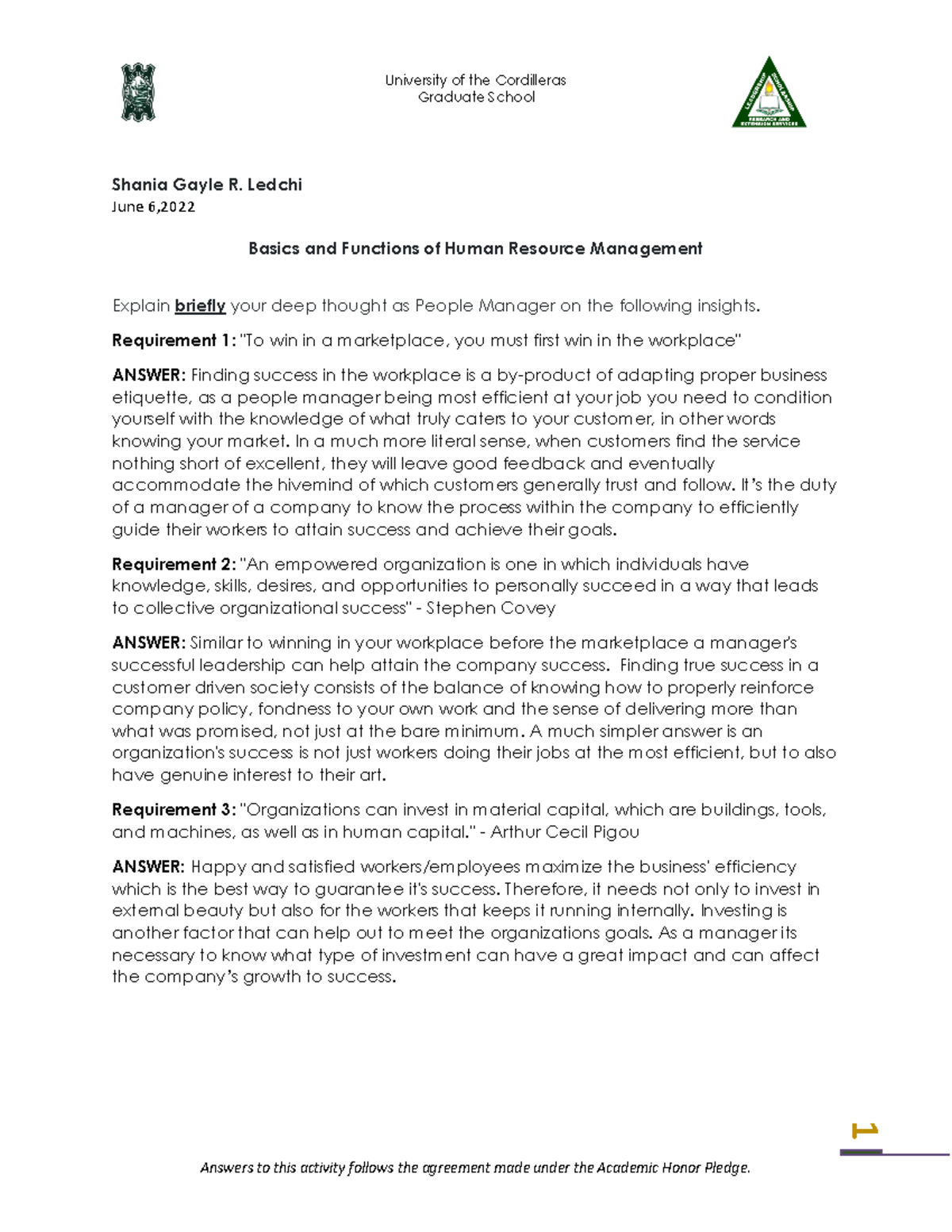 Basic and Functions of Human Resource University of the Cordilleras