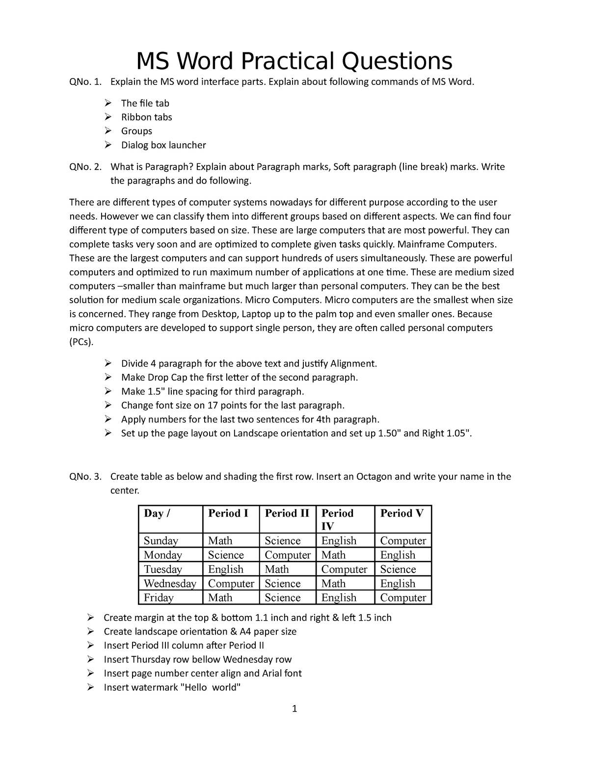 Word Practical Questions For Exercises IT MS Word Practical 