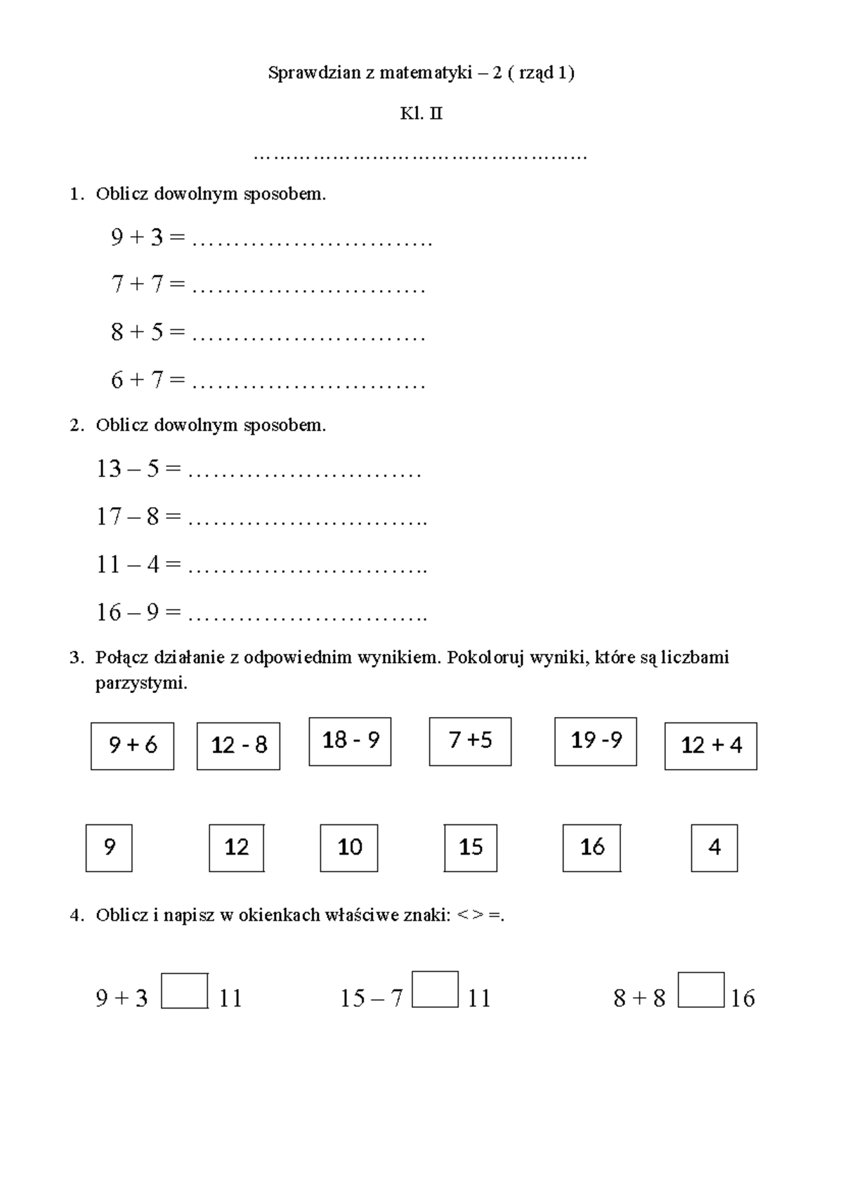 Matematyka - sprawdzian - Sprawdzian z matematyki – 2 ( rząd 1) Kl. II