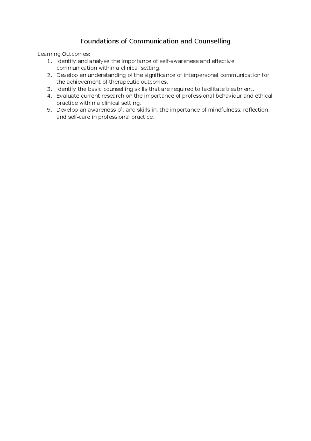 Foundations of Communication and Counselling notes - Foundations of ...