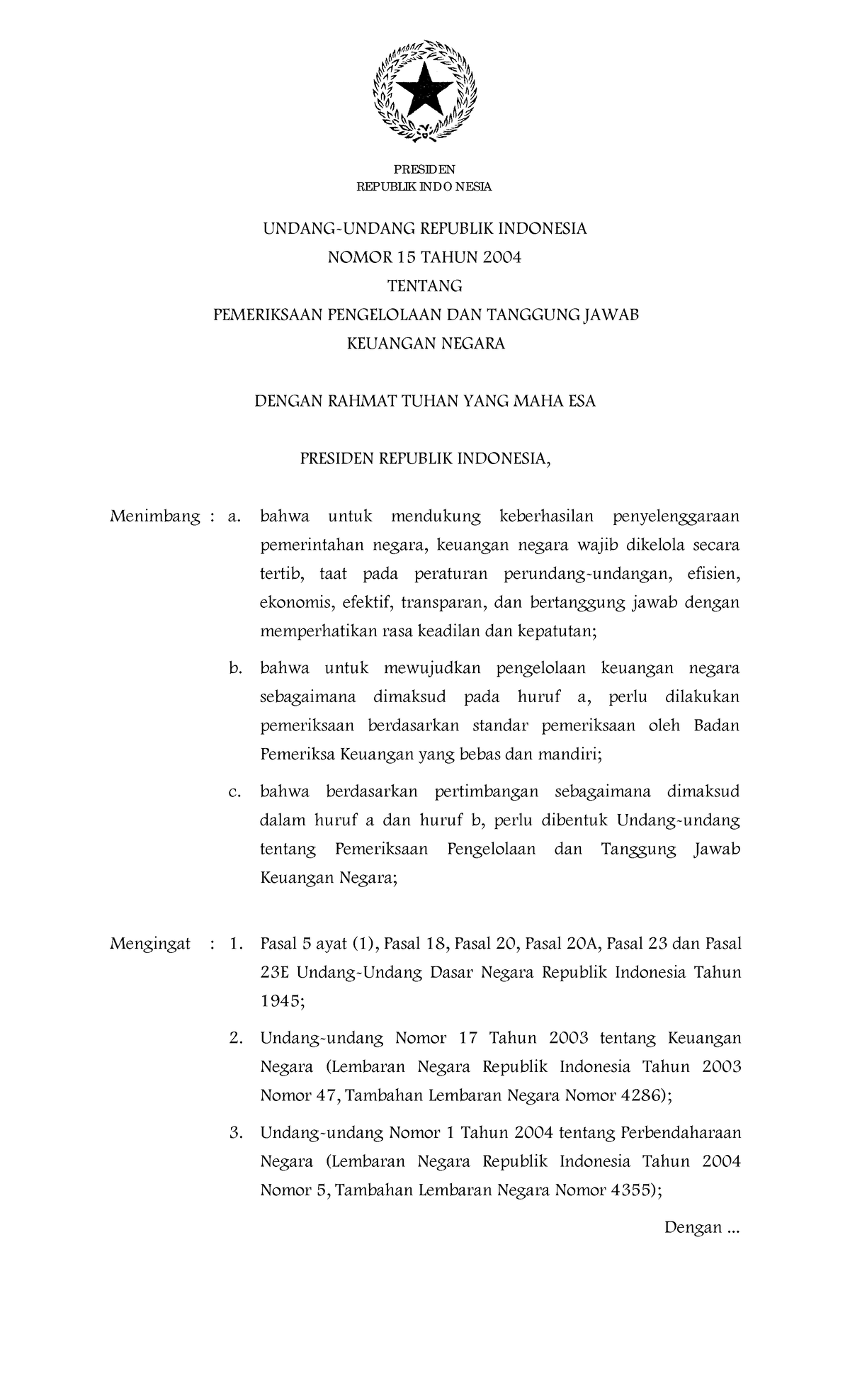 UU Nomor 1 5 Tahun 2004 - UU of Audit Keuangan Negara - REPUBLIK INDO ...