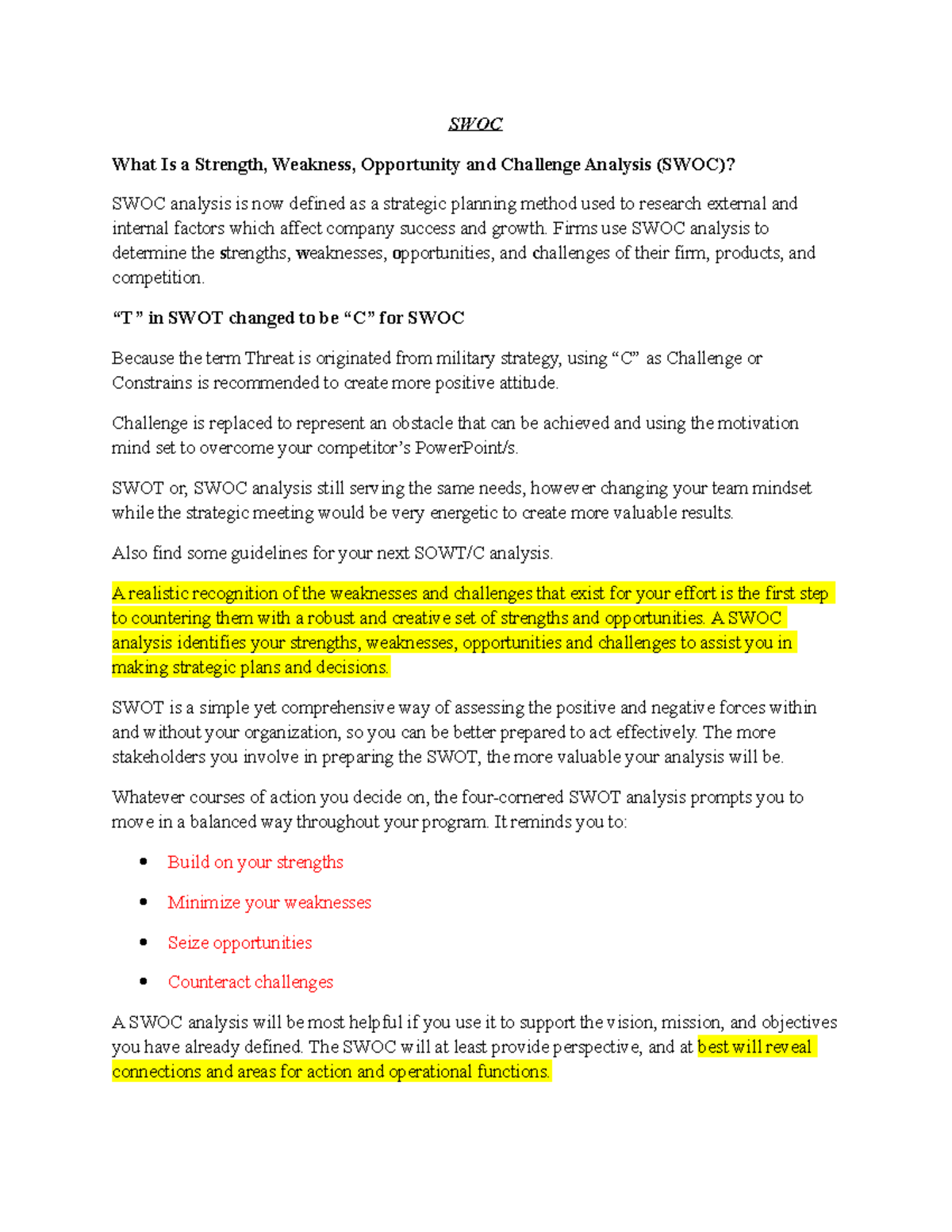 SWOC - 123 - SWOC What Is A Strength, Weakness, Opportunity And ...