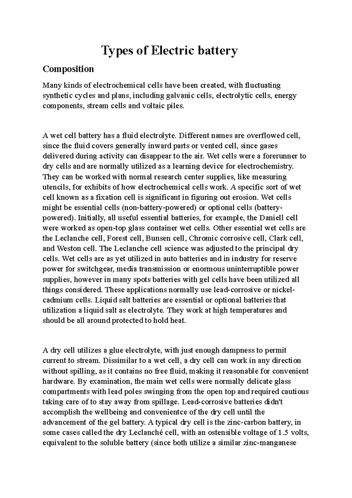 Types of Electric batter 1 Types of Electric battery Composition Many kinds of electrochemical