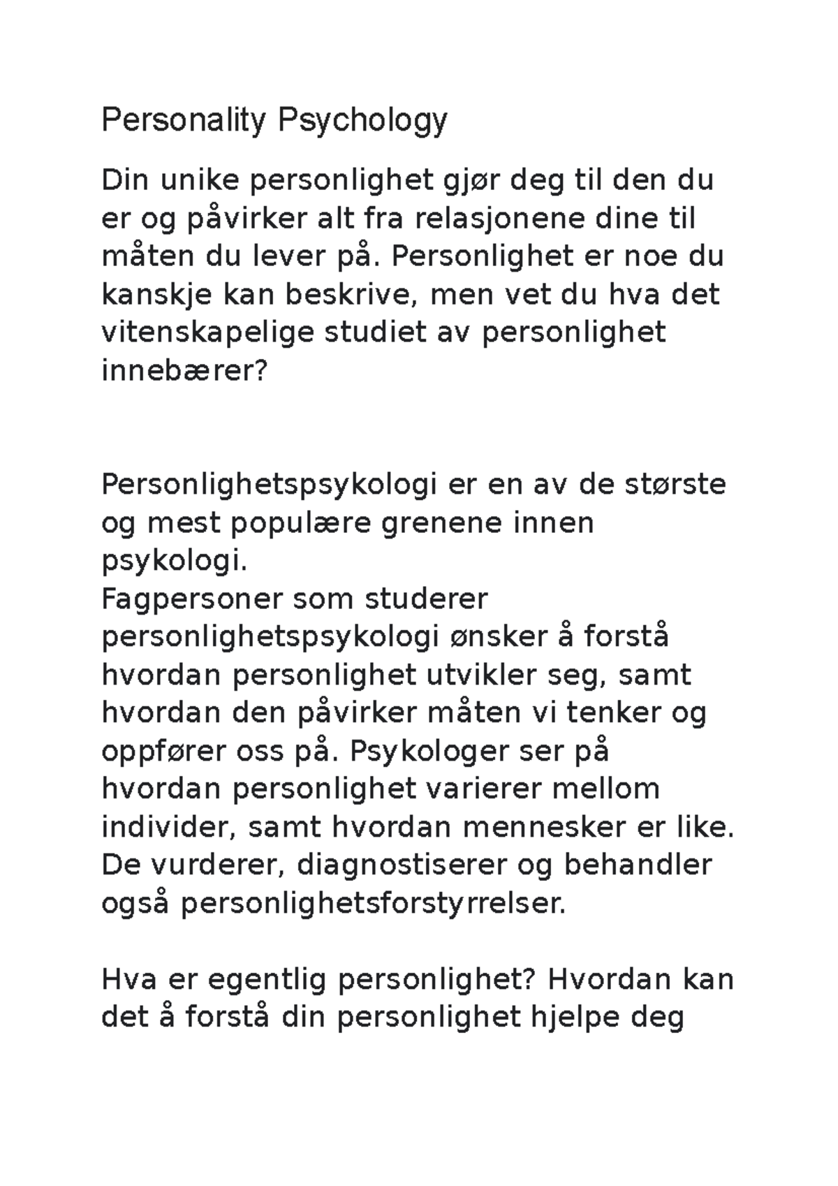 Pers 1 - Øvingsmaterialer Som Forberedelse Til Eksamen I Psyk112. Fokus ...