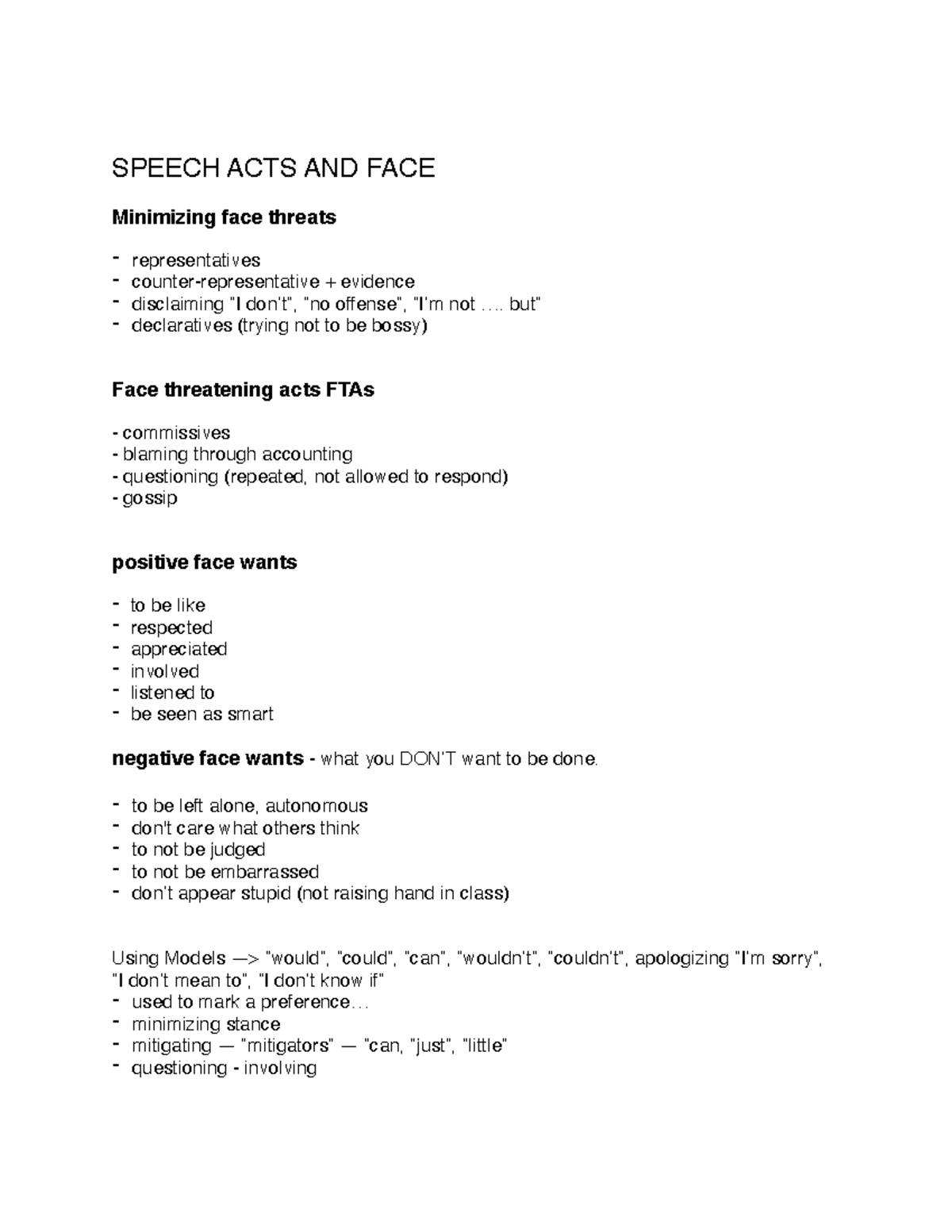 10 14 Speech Acts and Face SPEECH ACTS AND FACE Minimizing face