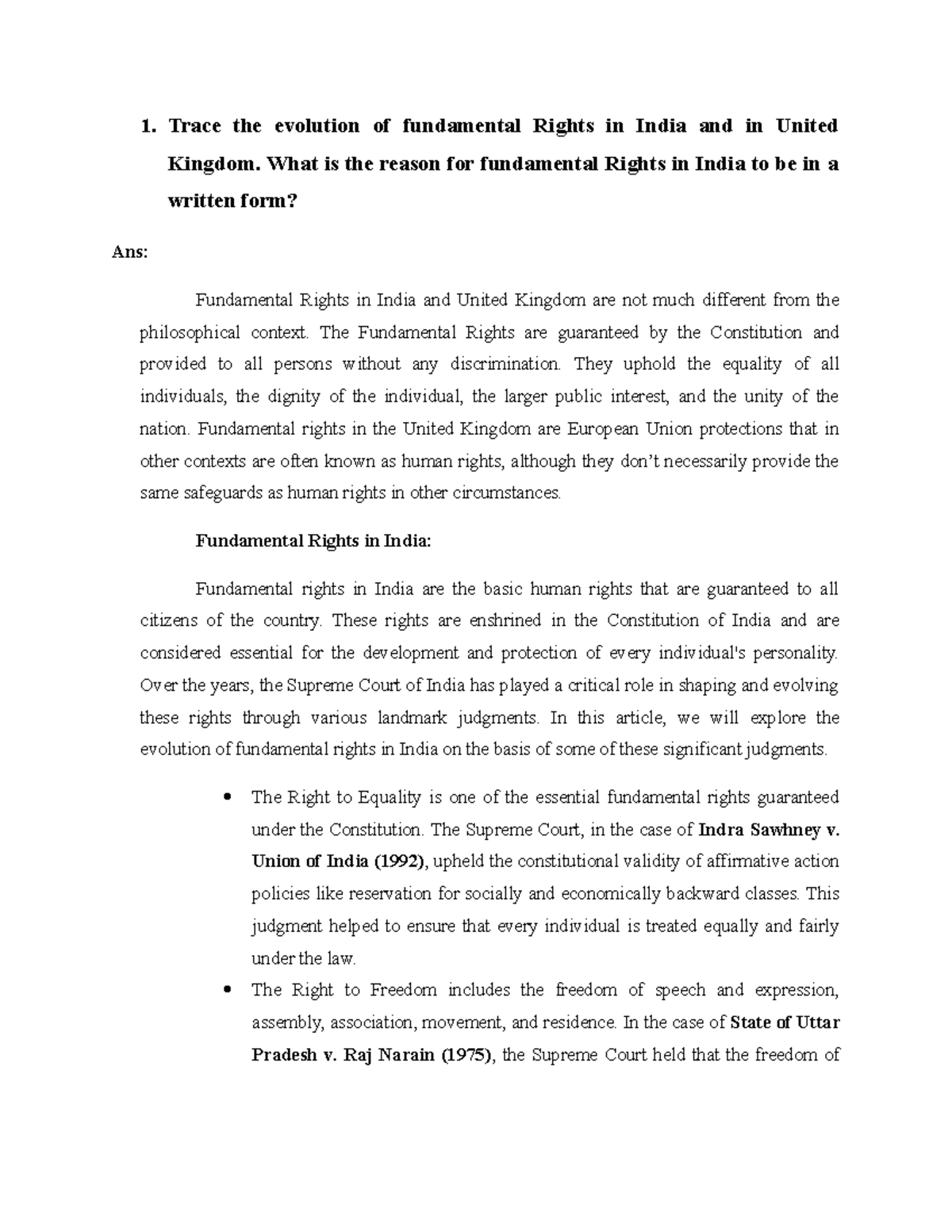 FRDP - 1. Trace the evolution of fundamental Rights in India and in ...