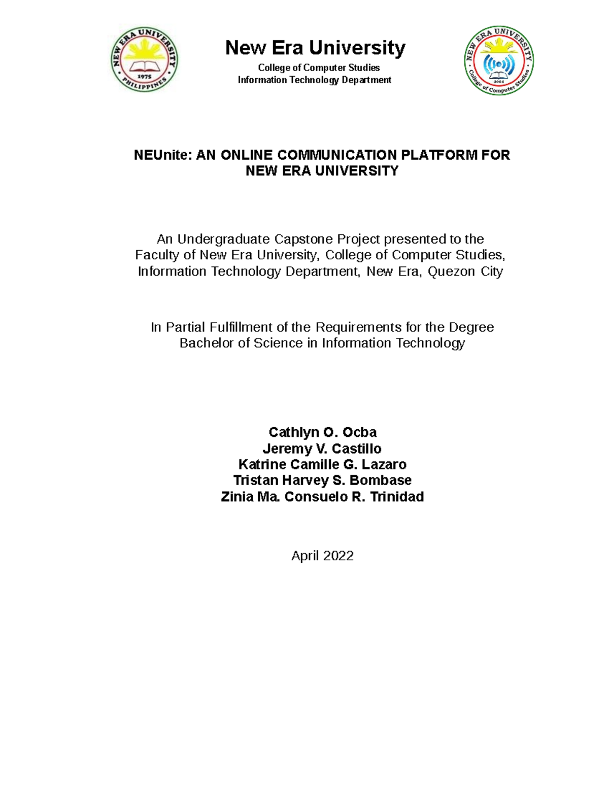 NEUnite-Docu Final - Lecture Notes - New Era University College of ...