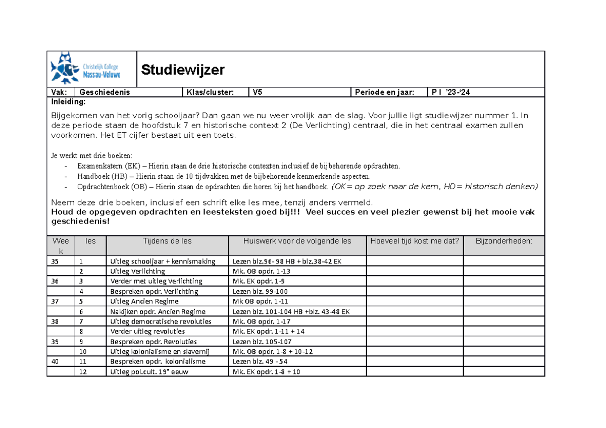 Studiewijzer gs V5 periode 1 2324 - Studiewijzer Vak: Geschiedenis Klas