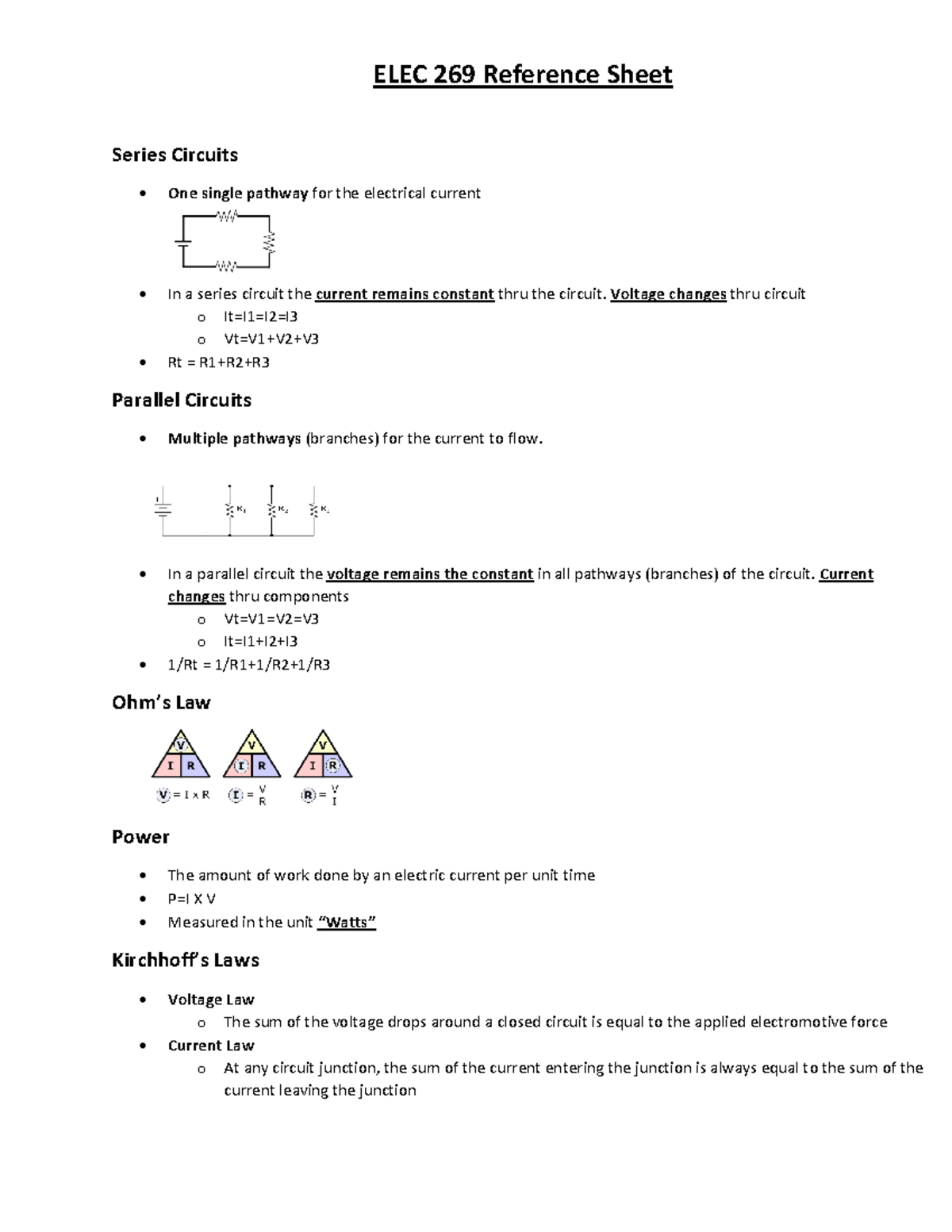 ELEC 269 Reference Sheet ELEC 269 Reference Sheet Series Circuits One