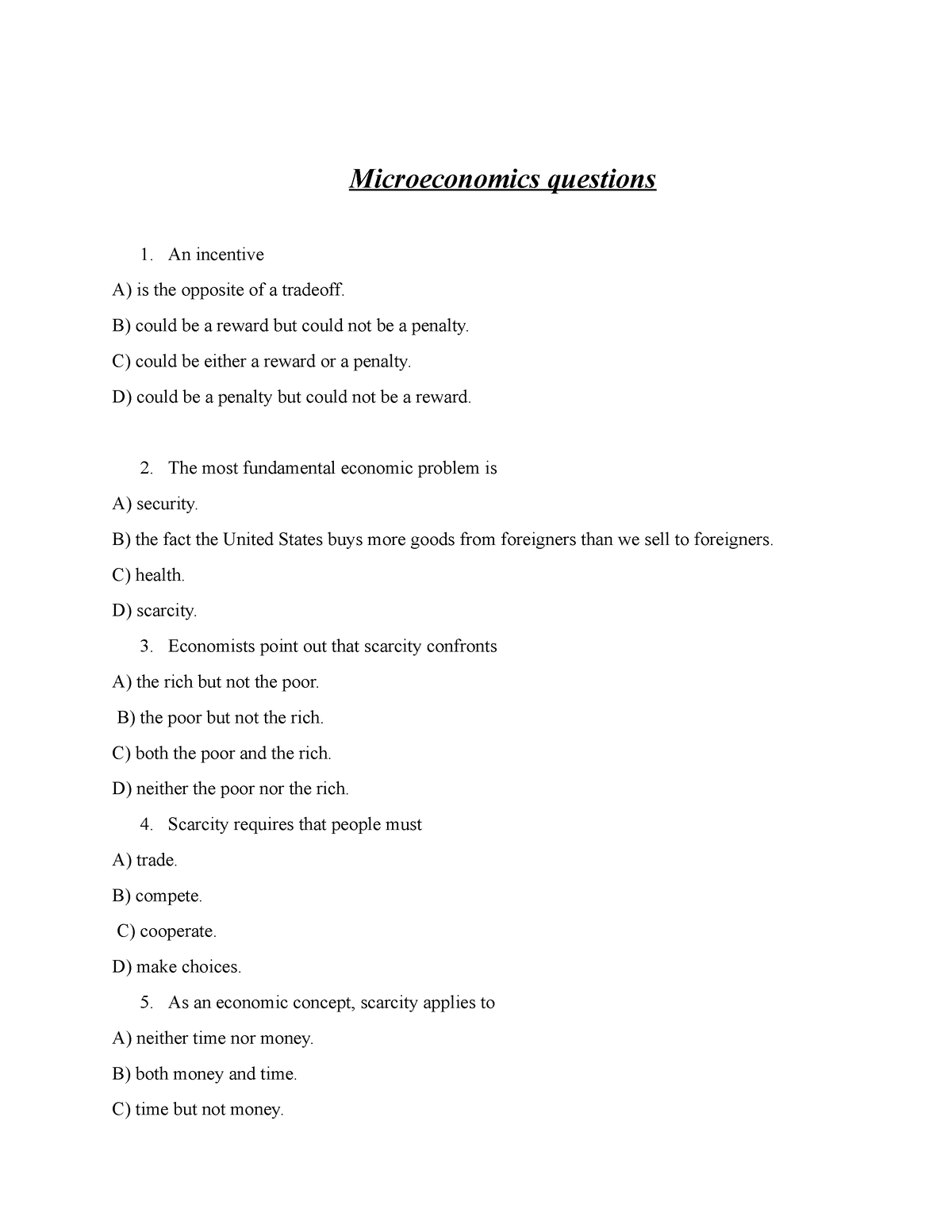 Fn Multiple Choice Questions Microeconomics Questions An Incentive 