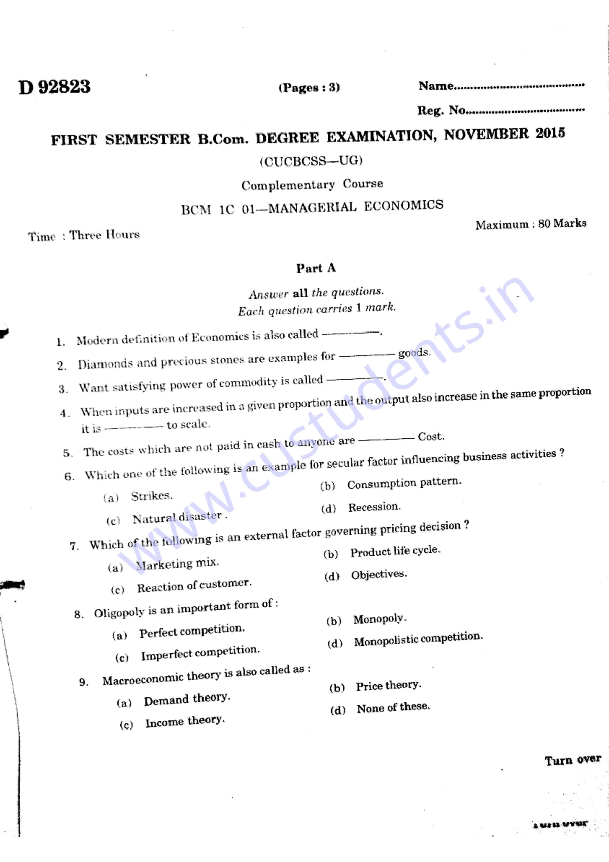 Managerial economics question paper for first semester students - Studocu