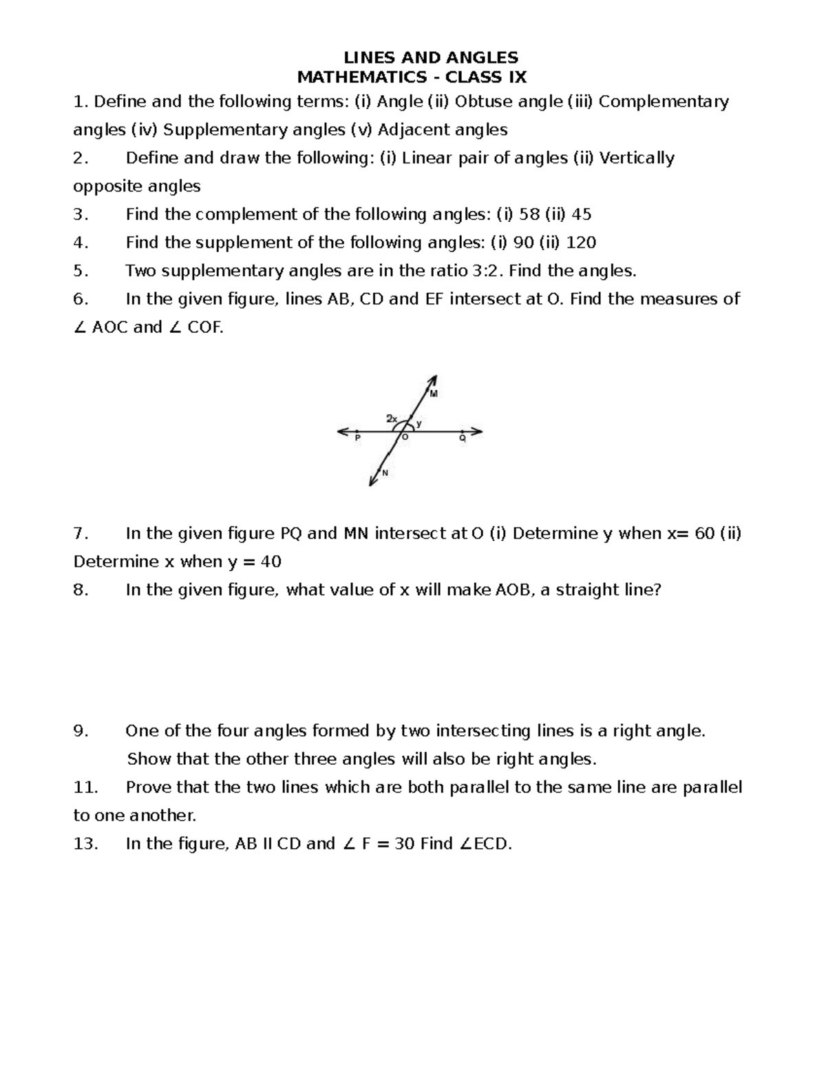 9th lines and angle test paper-1 - LINES AND ANGLES MATHEMATICS - CLASS ...