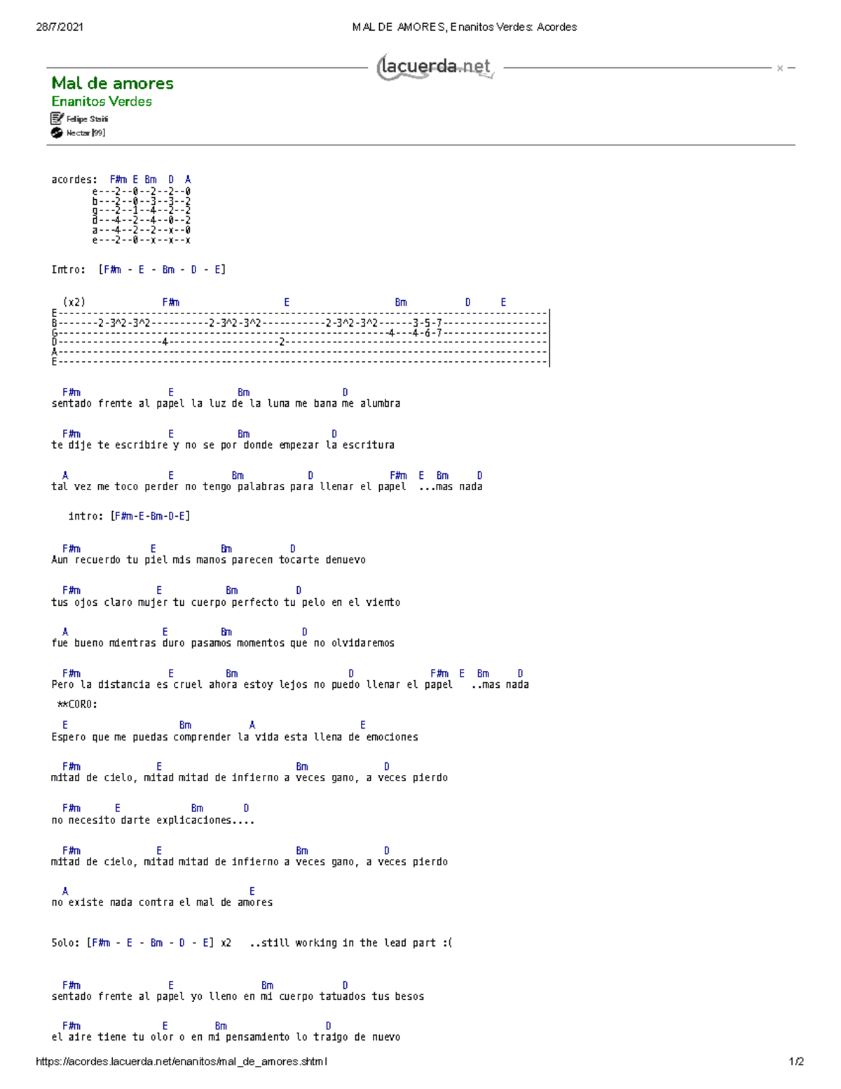 MAL DE Amores, Enanitos Verdes Acordes