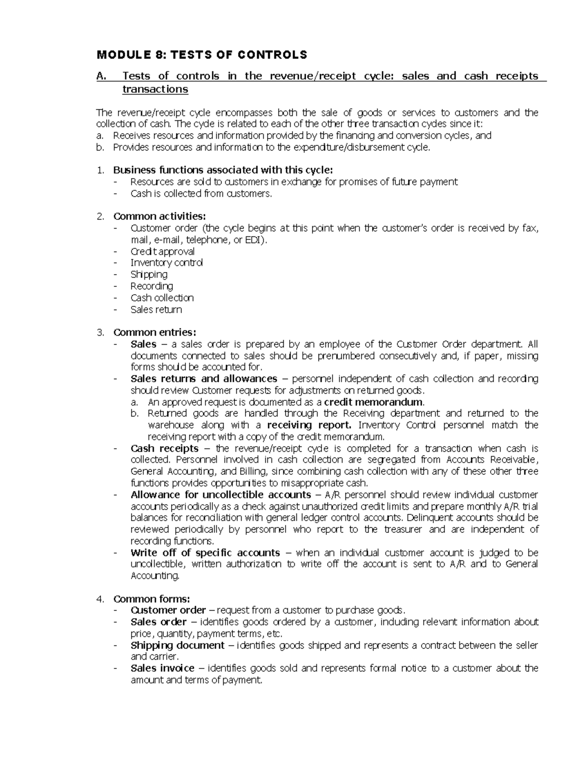 Module 8 Test Of Controls - MODULE 8: TESTS OF CONTROLS A. Tests Of ...