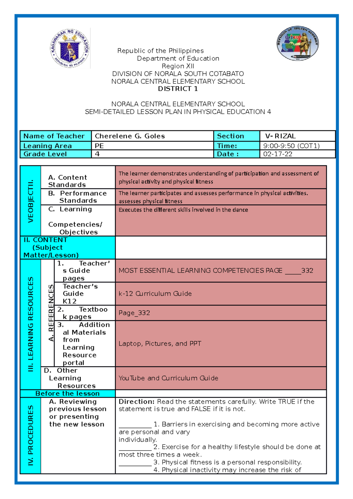 Goles Lp Practice Republic Of The Philippines Department Of Education Region Xii Division Of 1598