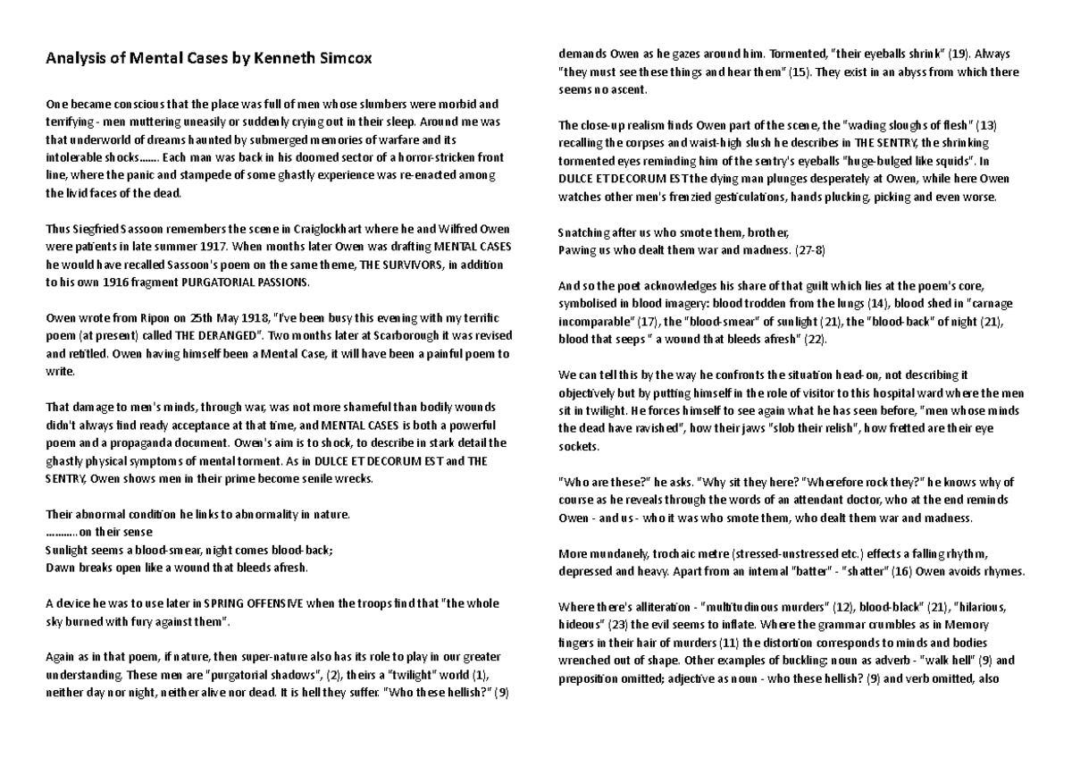 Analysis of Mental Cases by Simcox Around me was that