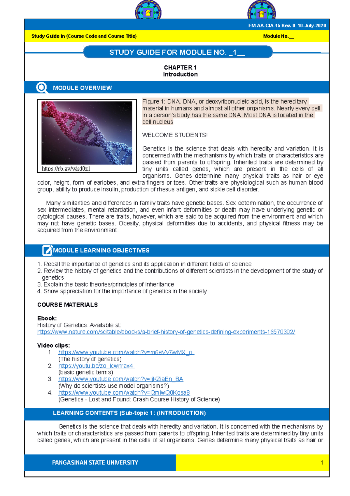 Study guide 1 Genetics 1 - CHAPTER 1 Introduction MODULE OVERVIEW ...