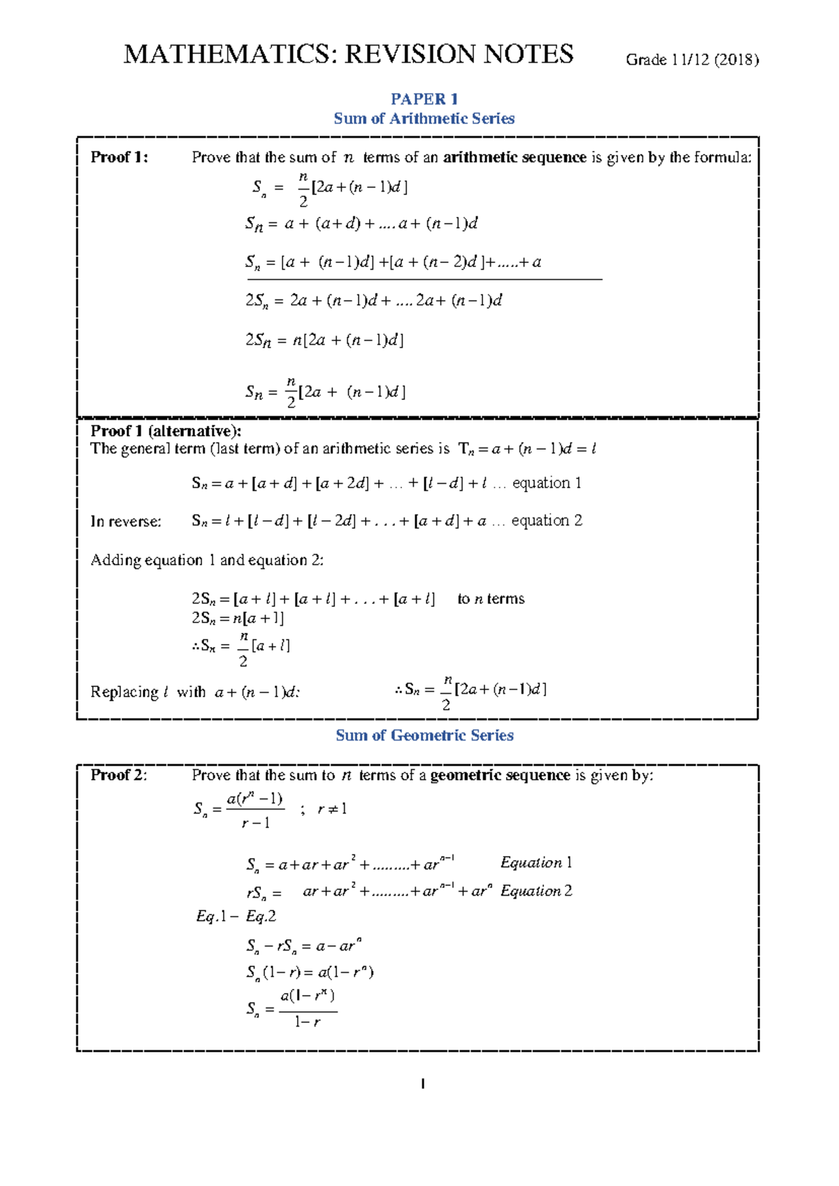 Grade-11-12 Mathematics-revision Notes - Mathematics: Revision Notes 