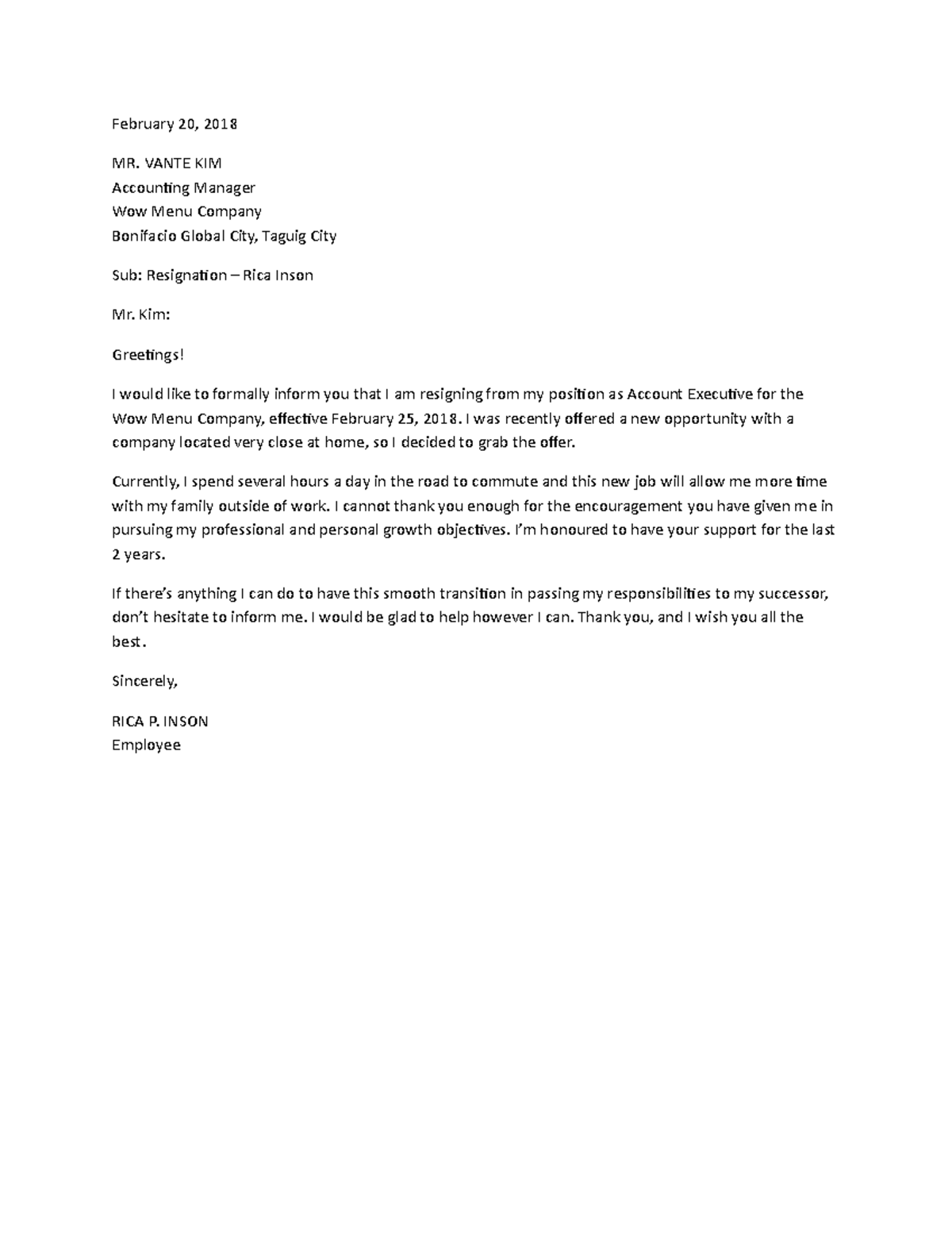 Resignation Letter - dsfsfdsfsdf - February 20, 2018 MR. VANTE KIM ...