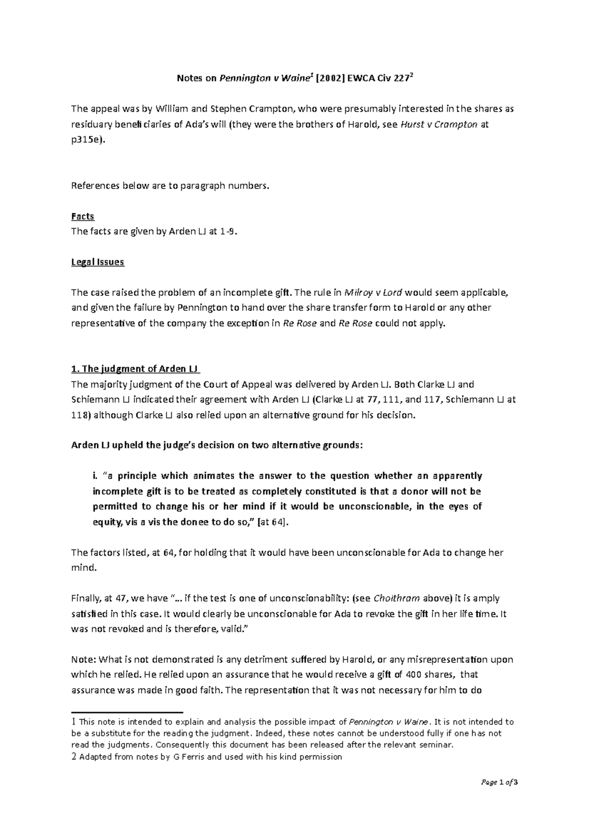 Notes on Pennington v Waine (for release after seminar) Notes on