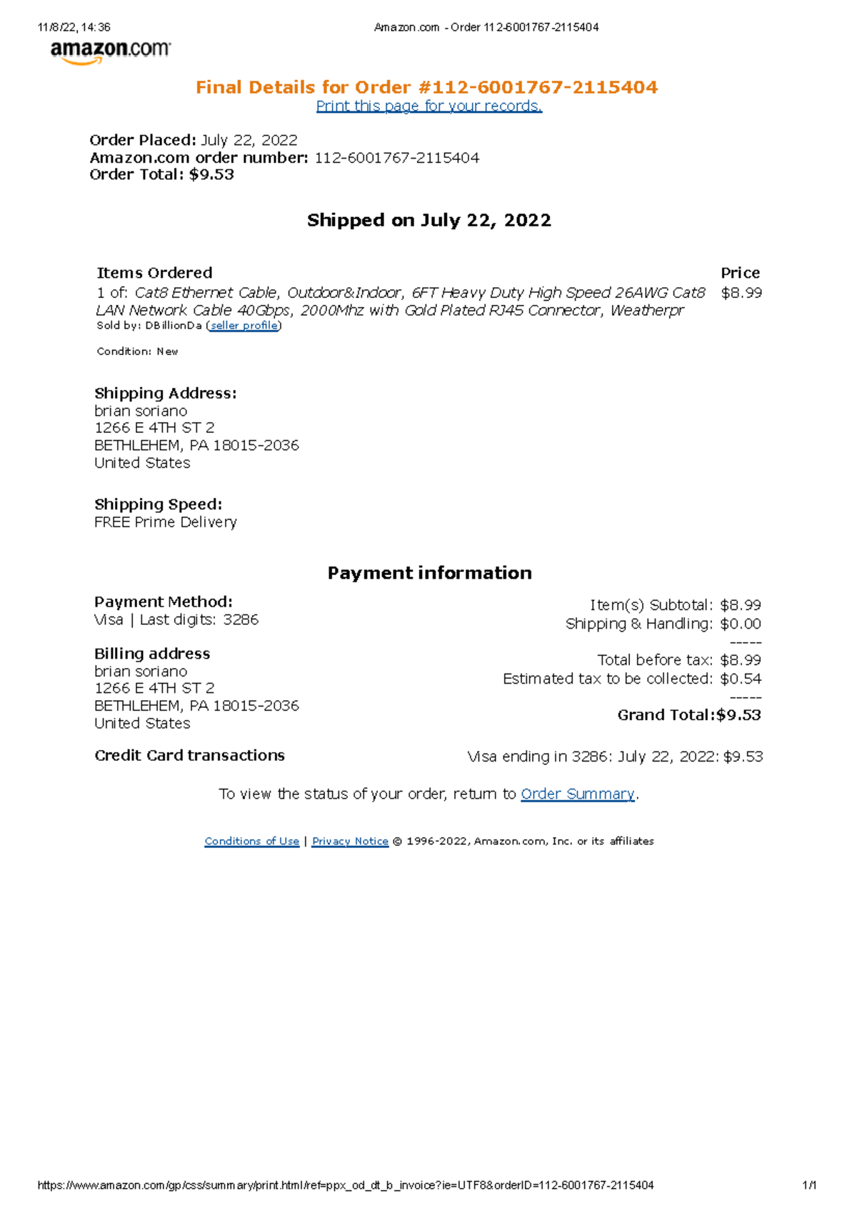 Order 11260017672115404 11/8/22, 1436 Amazon Order