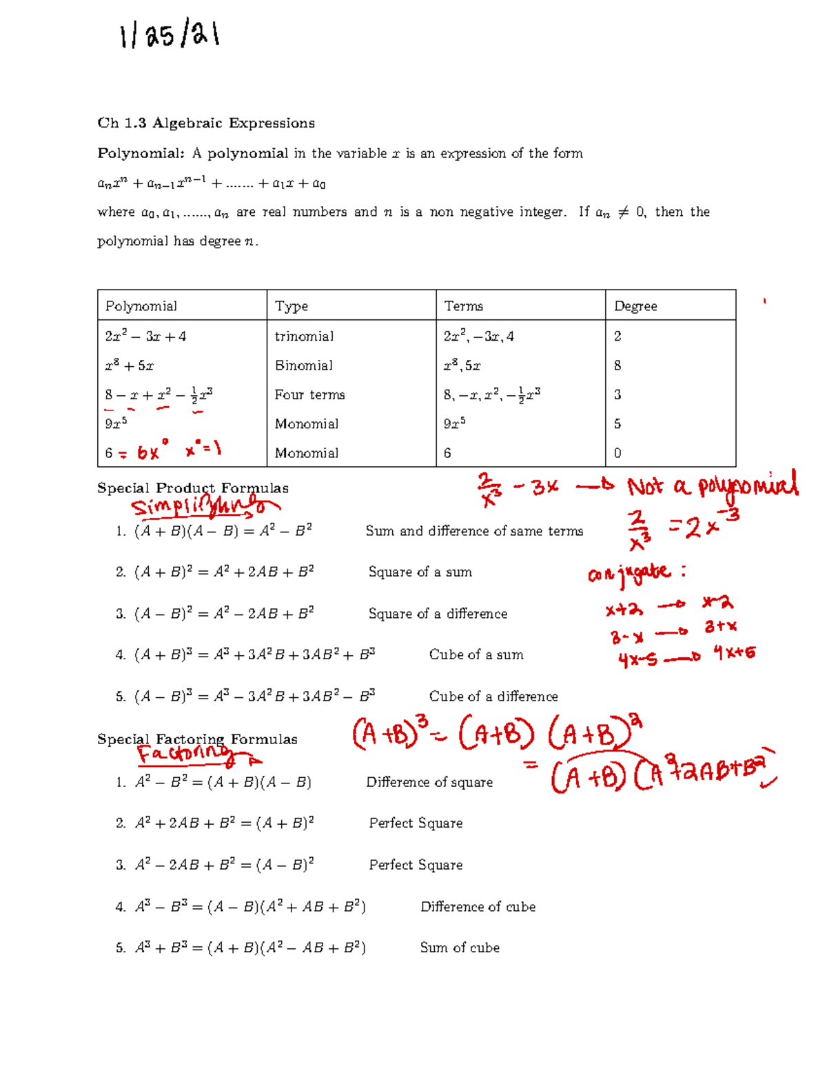 Ch+1 - lecture notes - Ch 1 Algebraic Expressions Polynomial: A ...