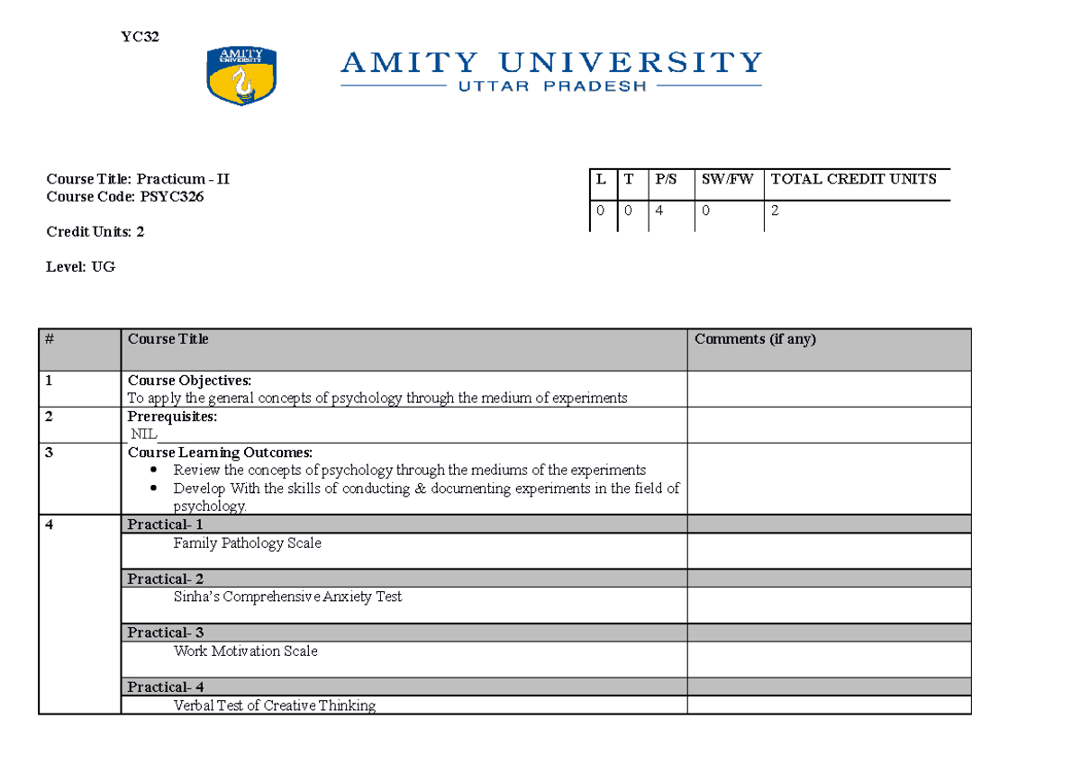 New Syllabus 155202063034224 - YC Course Title: Practicum - II Course ...