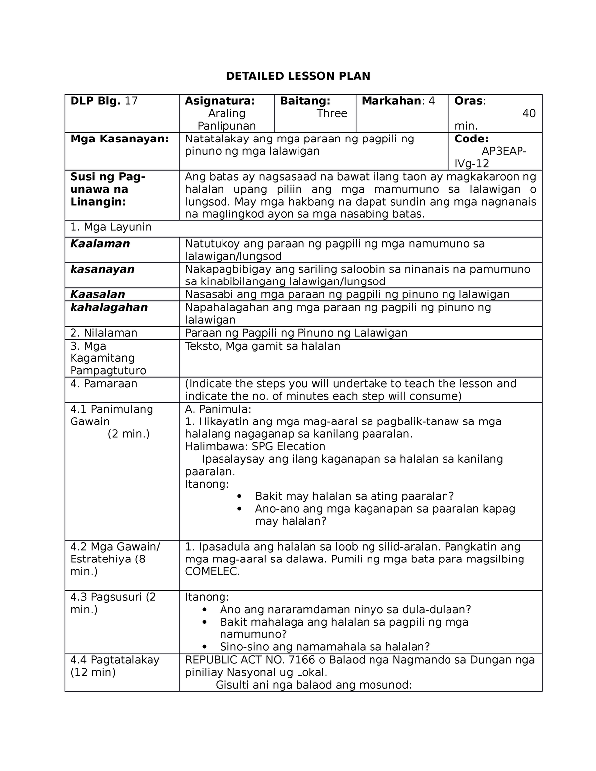 Dlp Ap3 Q4 17 - Dlp - DETAILED LESSON PLAN DLP Blg. 17 Asignatura ...