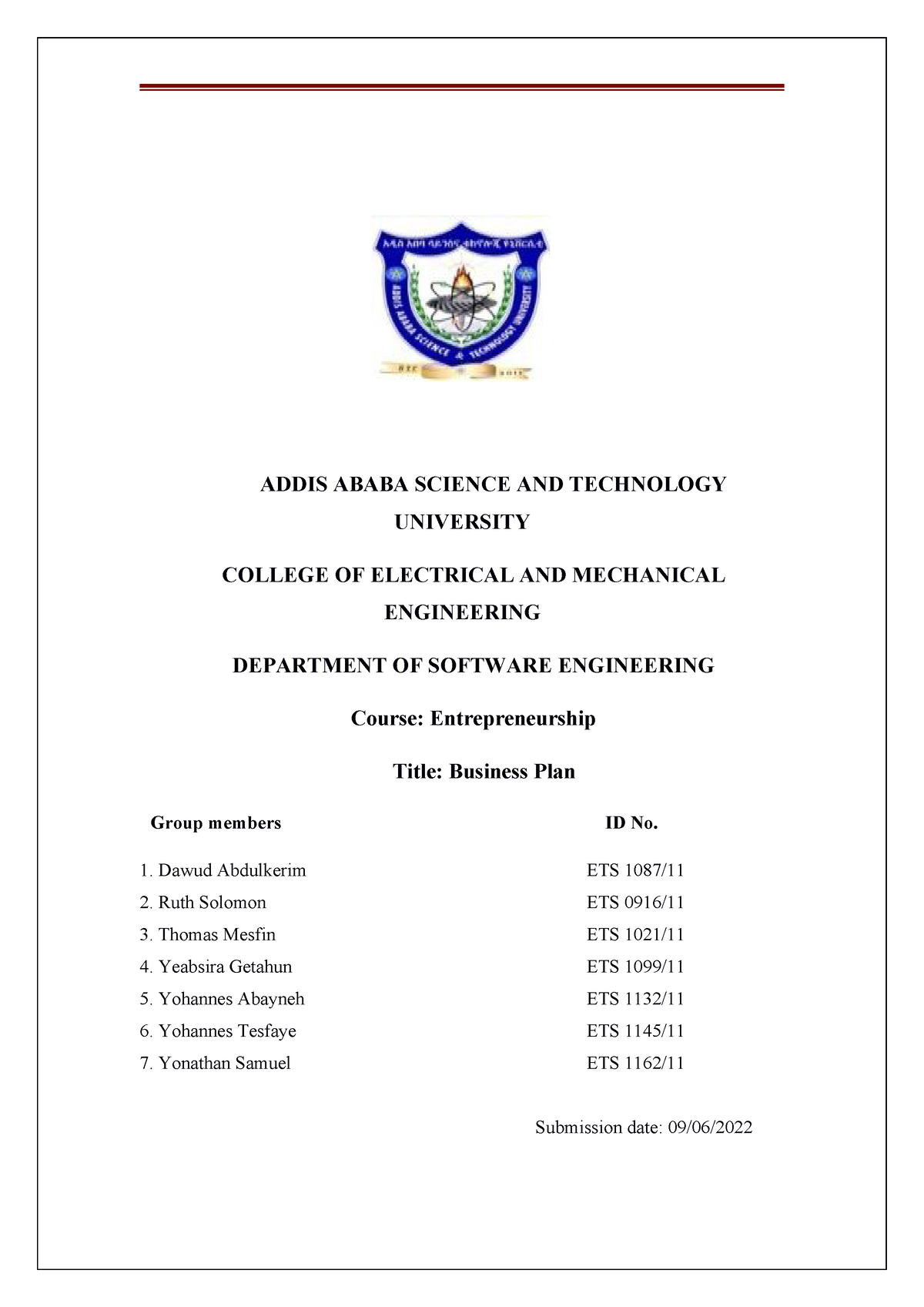 Business PLAN - ADDIS ABABA SCIENCE AND TECHNOLOGY UNIVERSITY COLLEGE ...