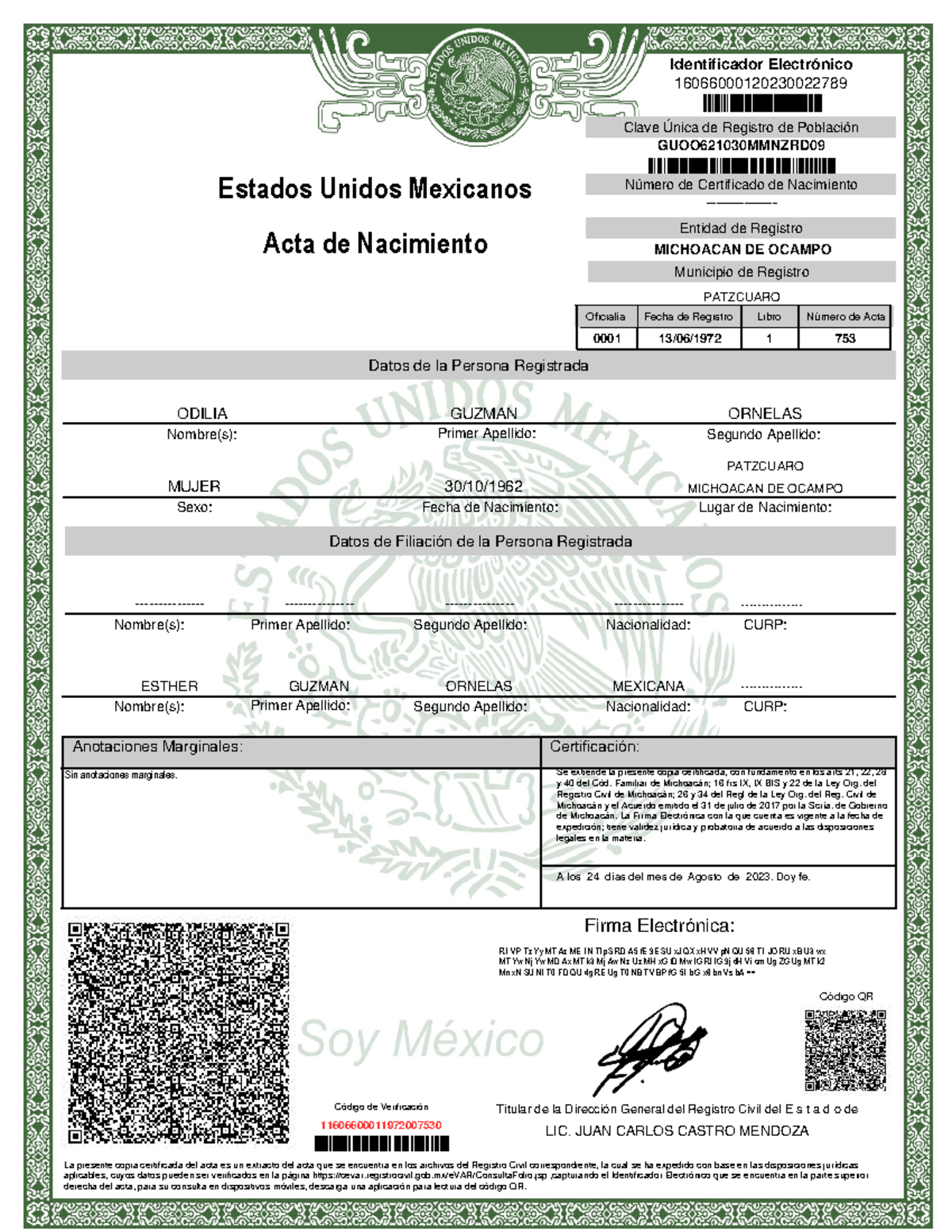 Acta nacimiento - Juan lua - Clave Única de Registro de Población ...
