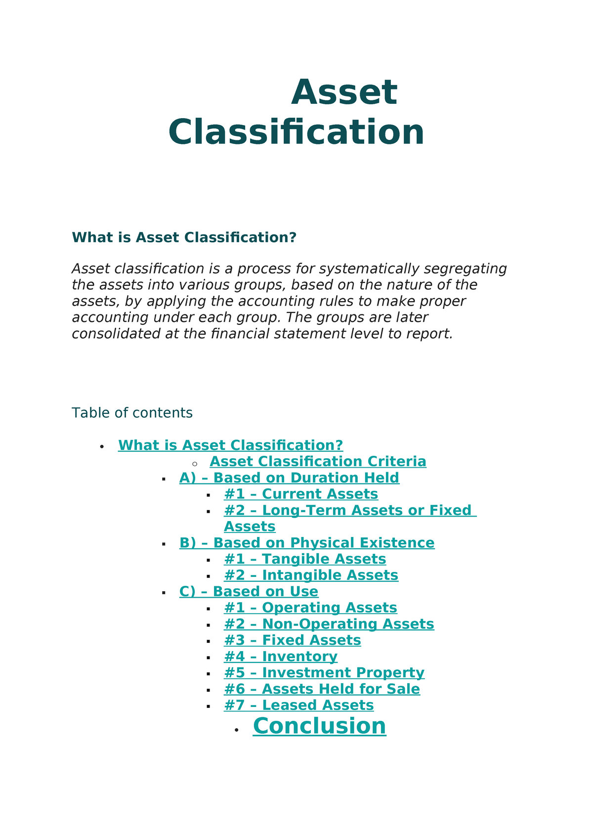 Asset Classification - Summary indian economics - Asset Classification ...