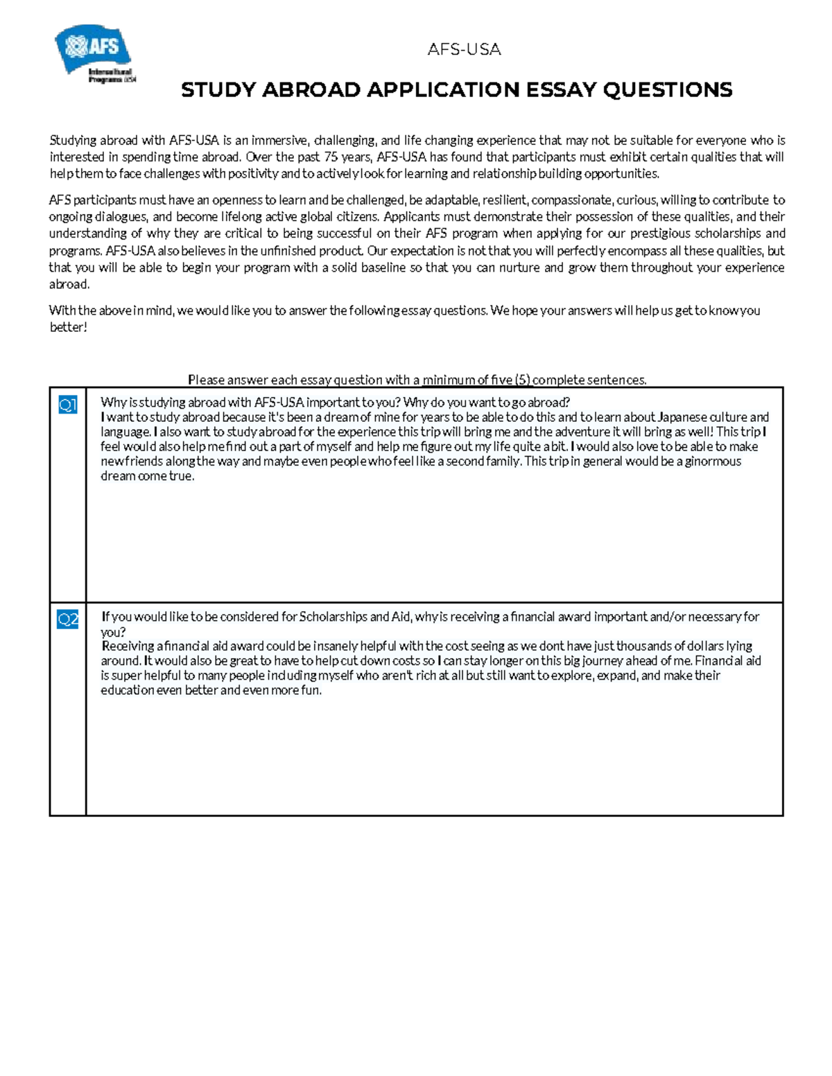 AFSUSA Study Abroad Application Essay Questions AFSUSA STUDY ABROAD