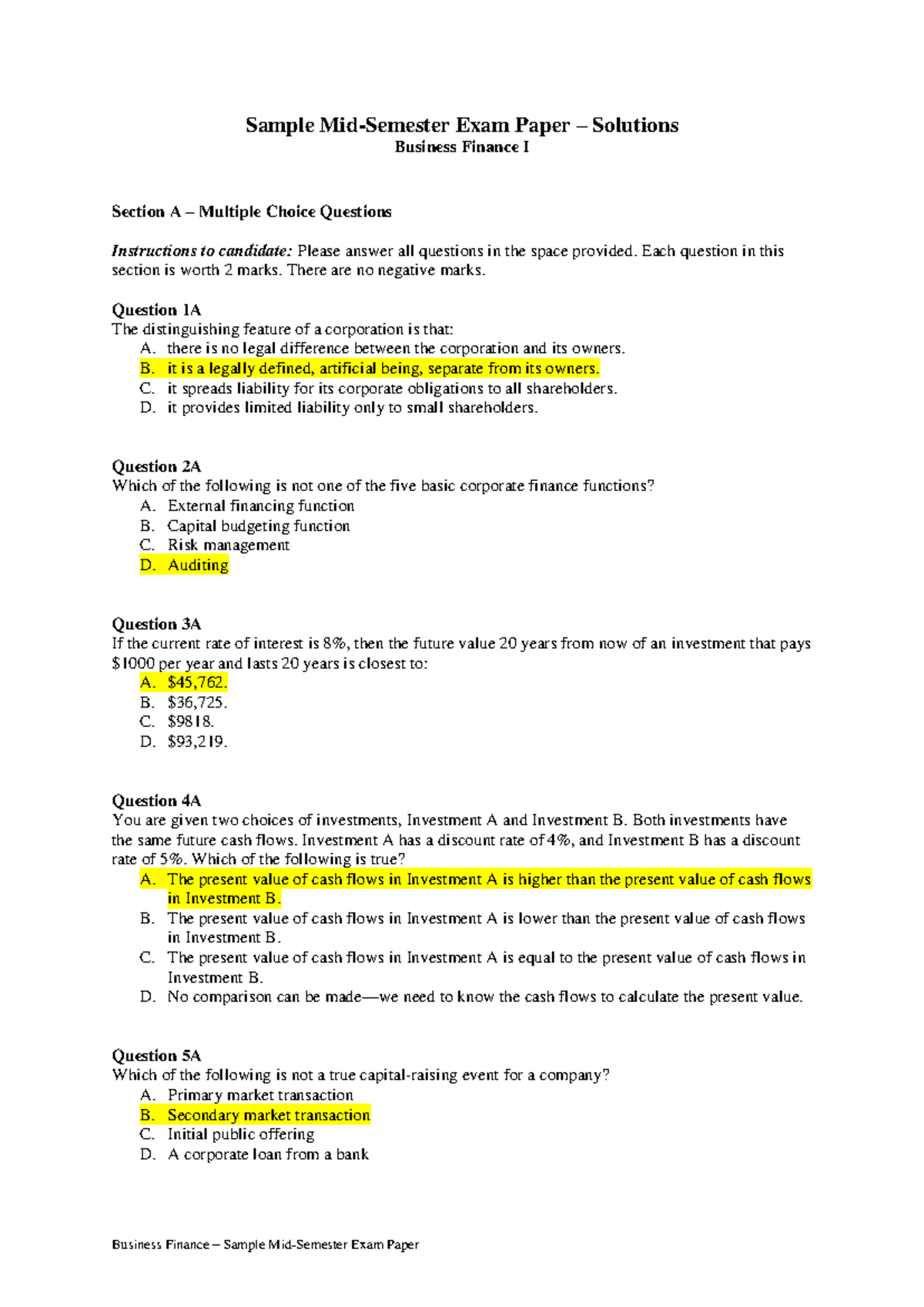 Sample Mid-Semester Exam Paper - Solutions - Sample Mid-Semester Exam ...