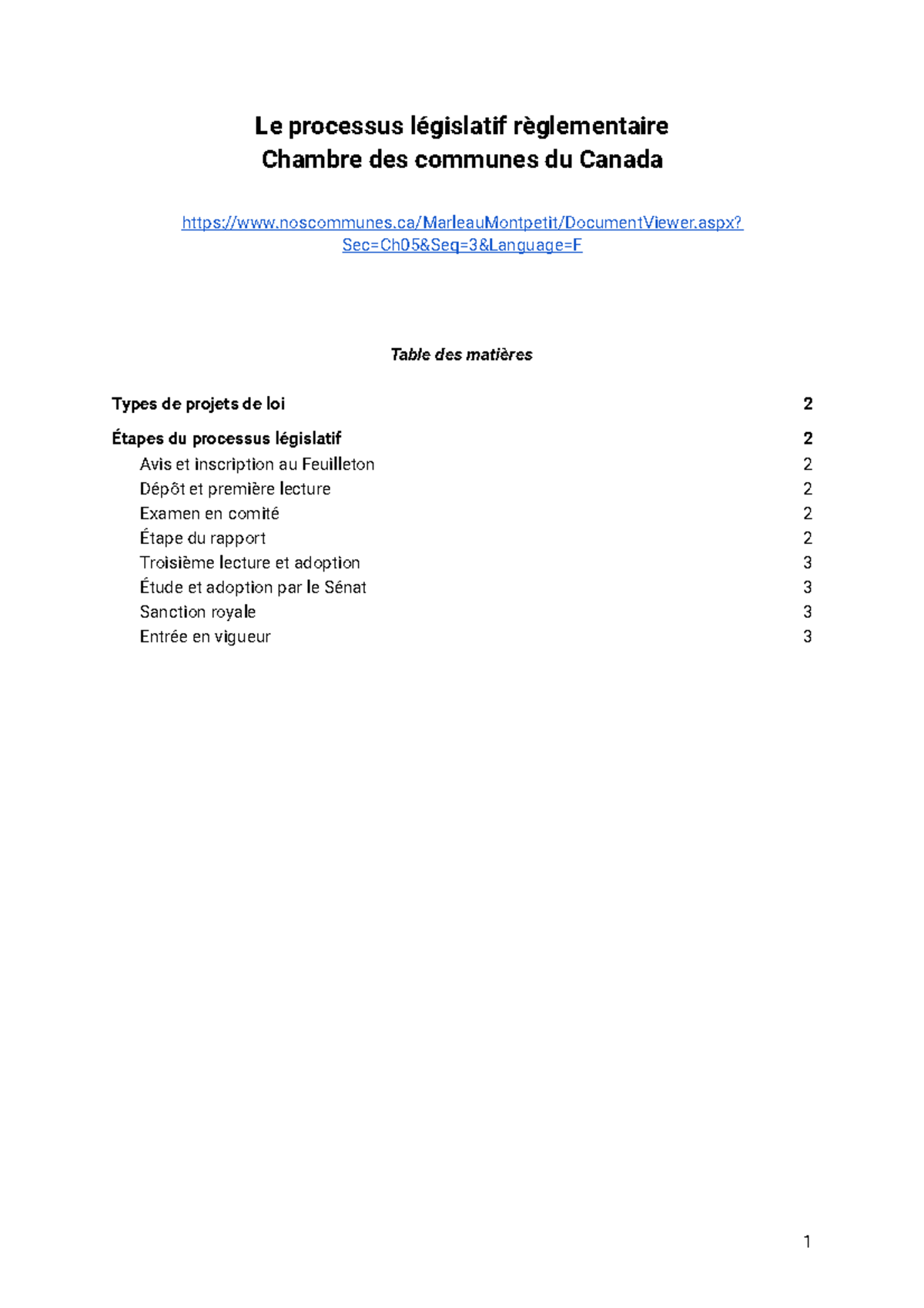 Le processus règlementaire fédéral (Chambre des communes du Canada ...