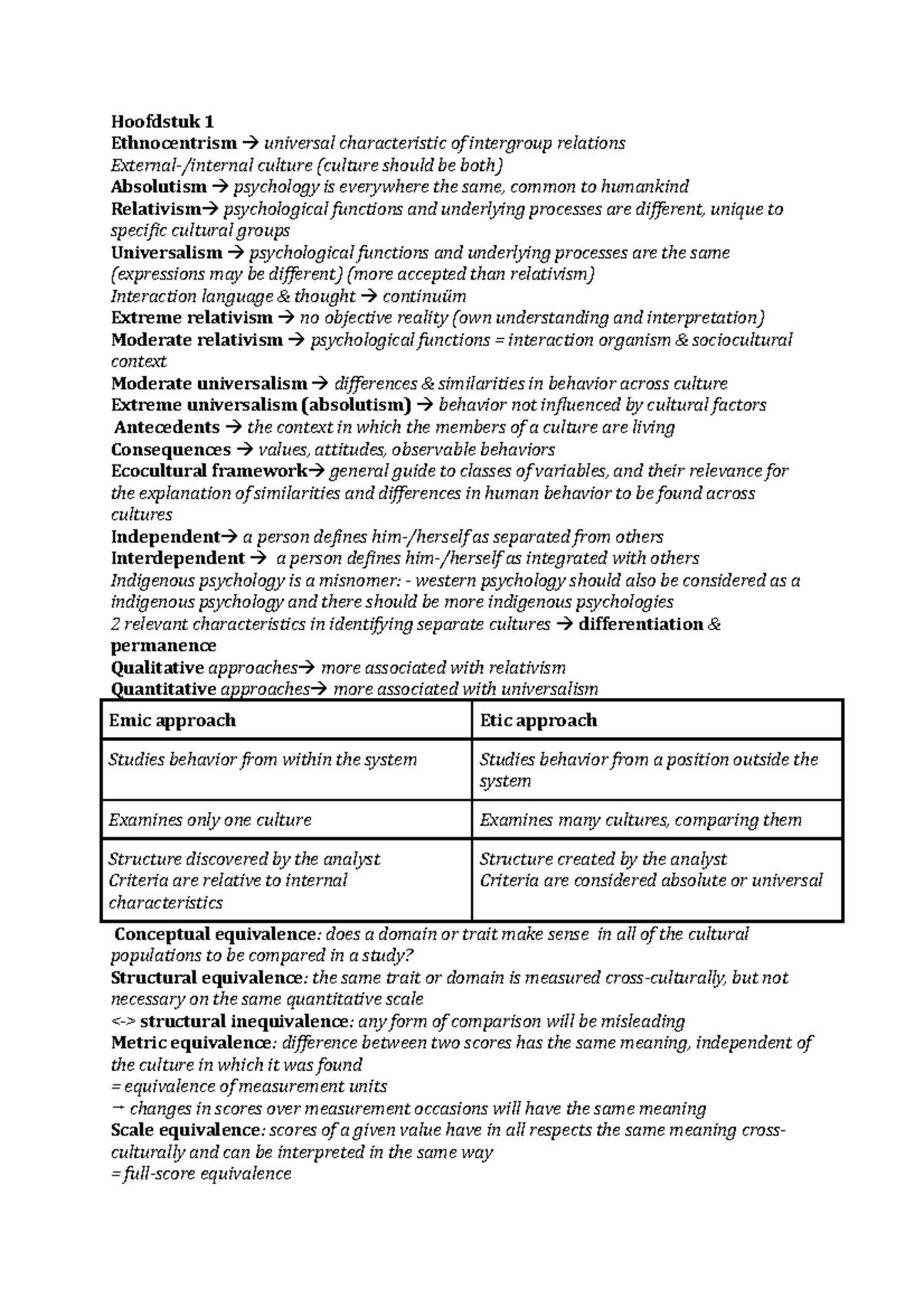 Cross cultural psychology - Hoofdstuk 1 Ethnocentrism universal ...
