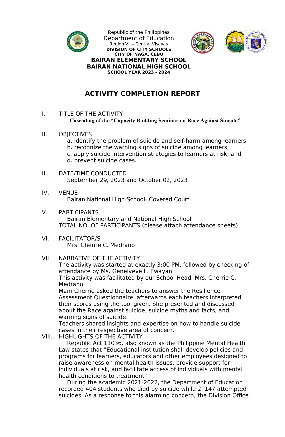 Activity- Completion- Report-ACR-race against suicide - ACTIVITY ...