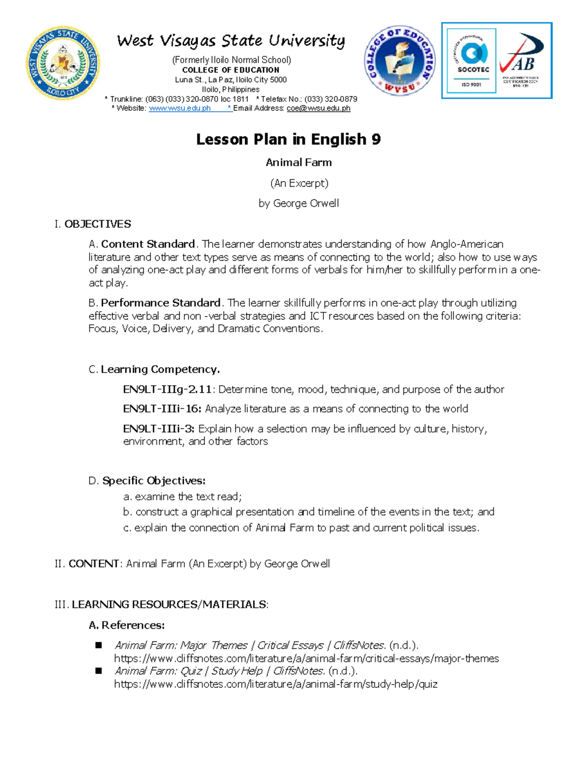 Lesson Plan in English 9 Animal Farm - (Formerly Iloilo Normal School ...