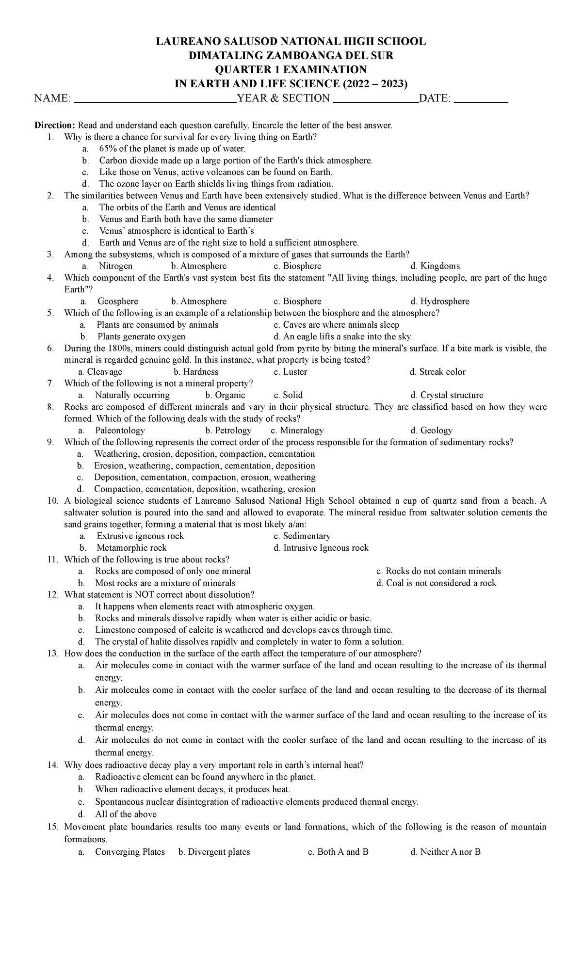 Quarter exam el sci. 2022 - 2023 - Copy - LAUREANO SALUSOD NATIONAL ...