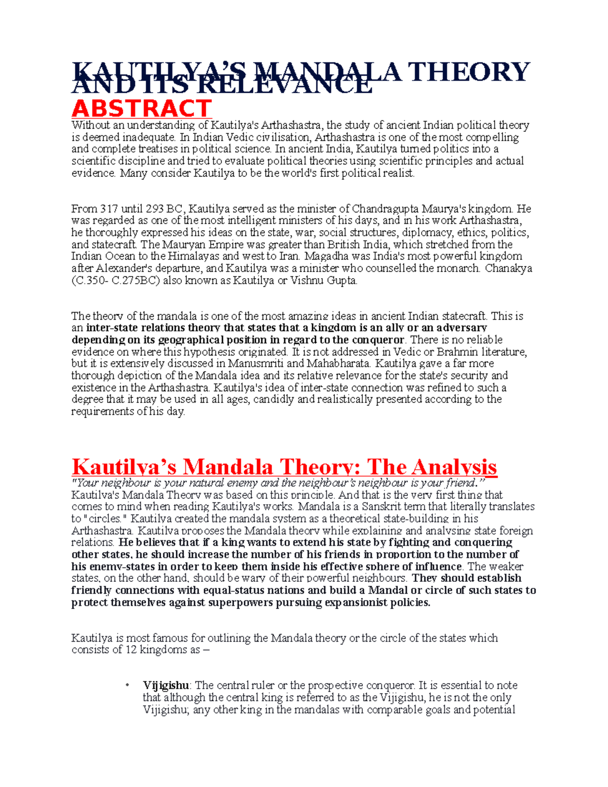 Kautilya Research Paper KAUTILYA’S MANDALA THEORY AND ITS RELEVANCE