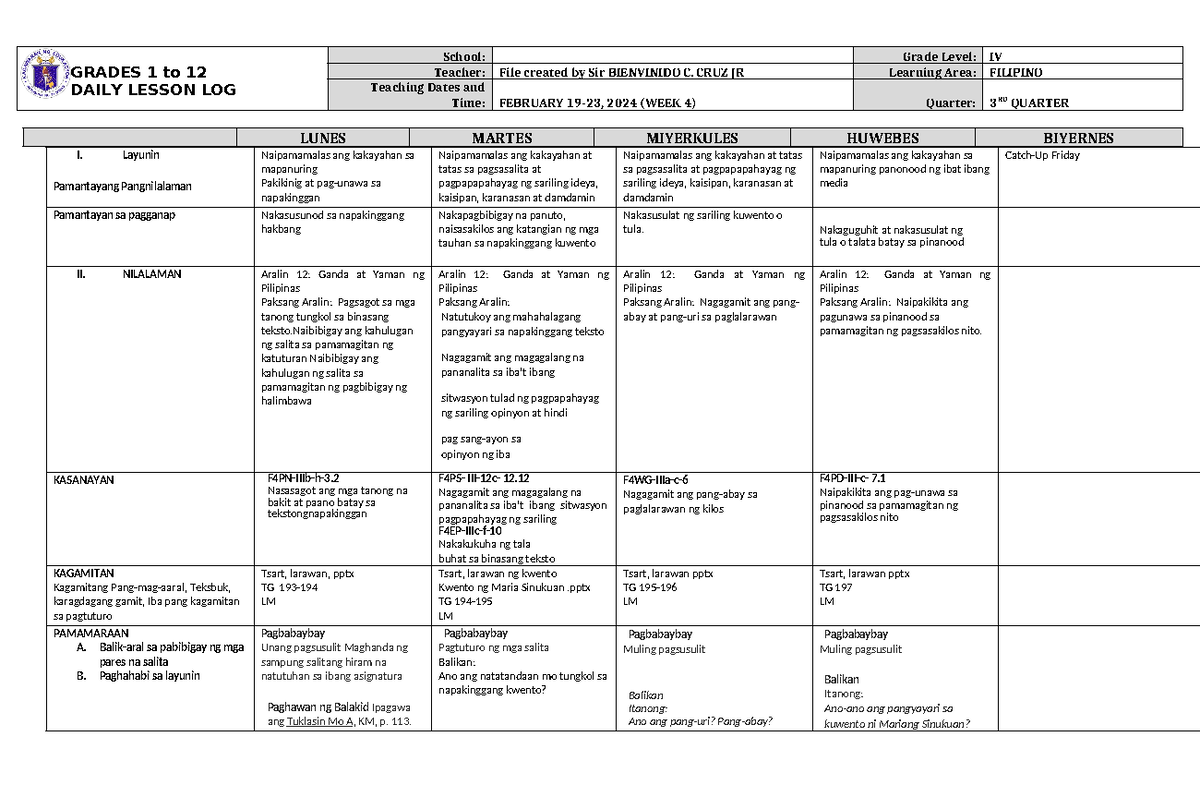 DLL Filipino 4 Q3 W4 - fefwfw - GRADES 1 to 12 DAILY LESSON LOG School ...