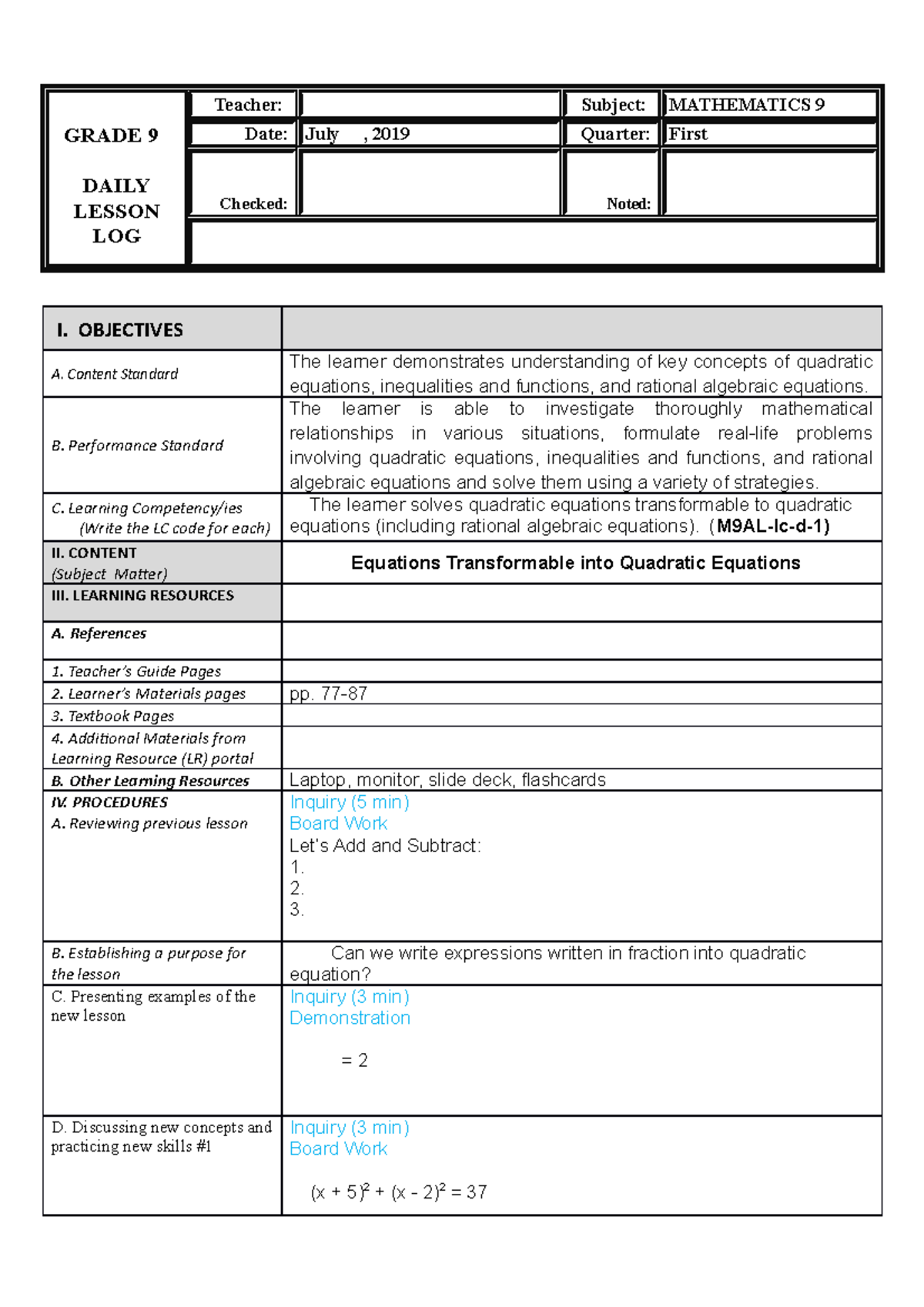 Z 10 DLL Equations Transformable - GRADE 9 DAILY LESSON LOG Teacher ...