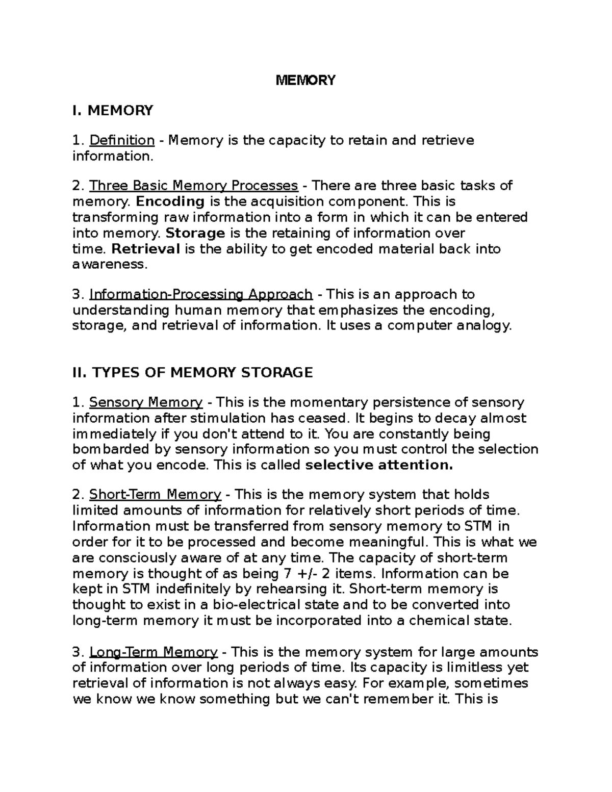 Memory walter davis' psychology class for summer 22 MEMORY I. MEMORY Definition Memory is