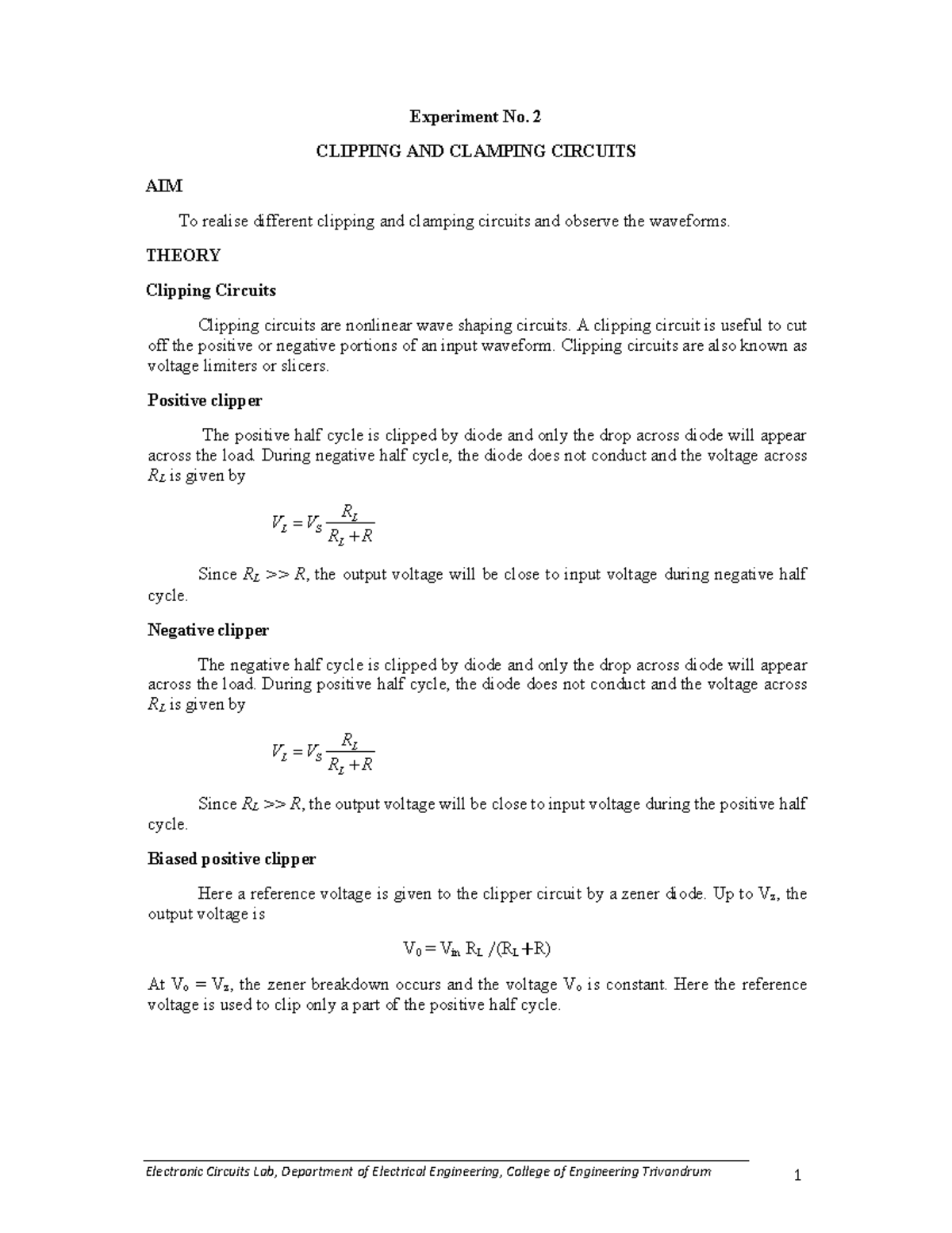 02Clipping Clamping Experiment No. 2 CLIPPING AND CLAMPING CIRCUITS AIM To realise different