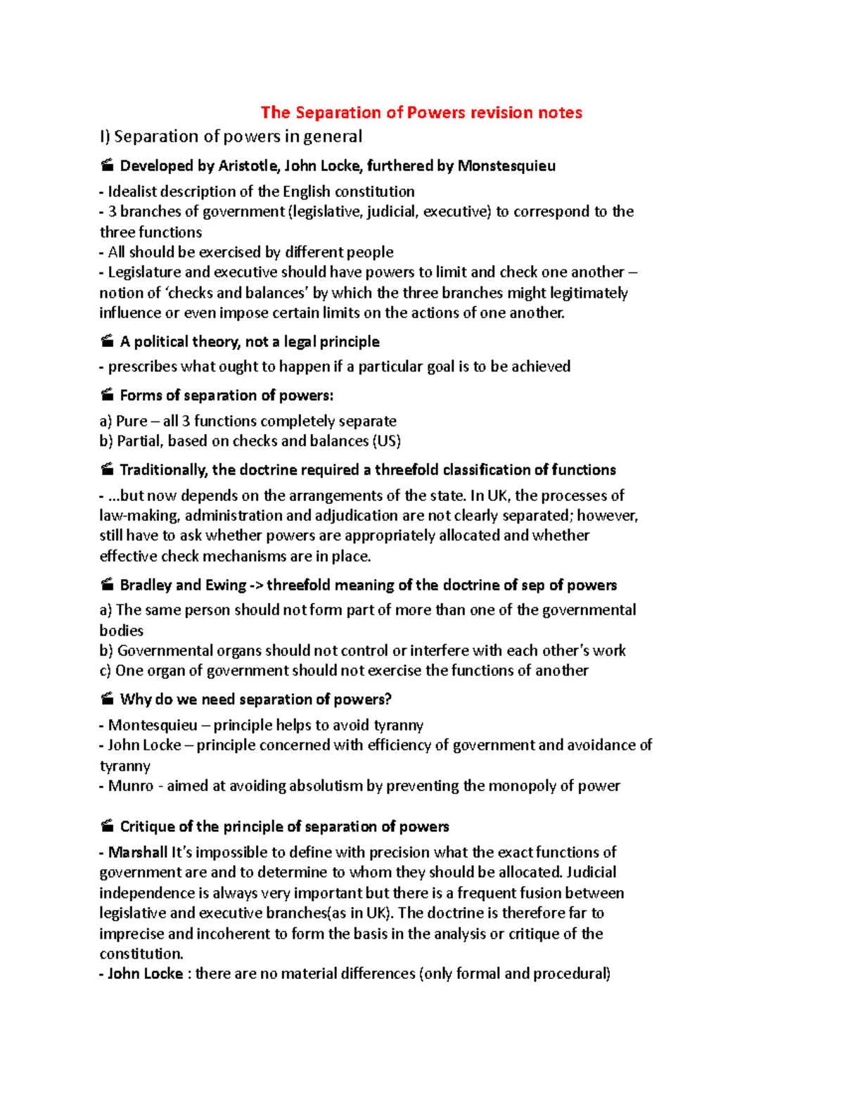 Separation of Powers Revision Notes - A political theory, not a legal ...