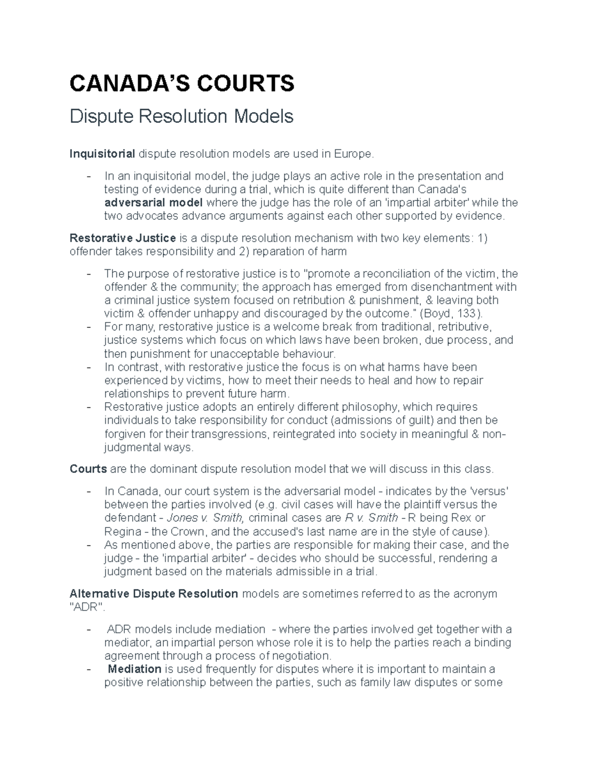 Crim 135 Canada’S Courts - CANADA’S COURTS Dispute Resolution Models ...
